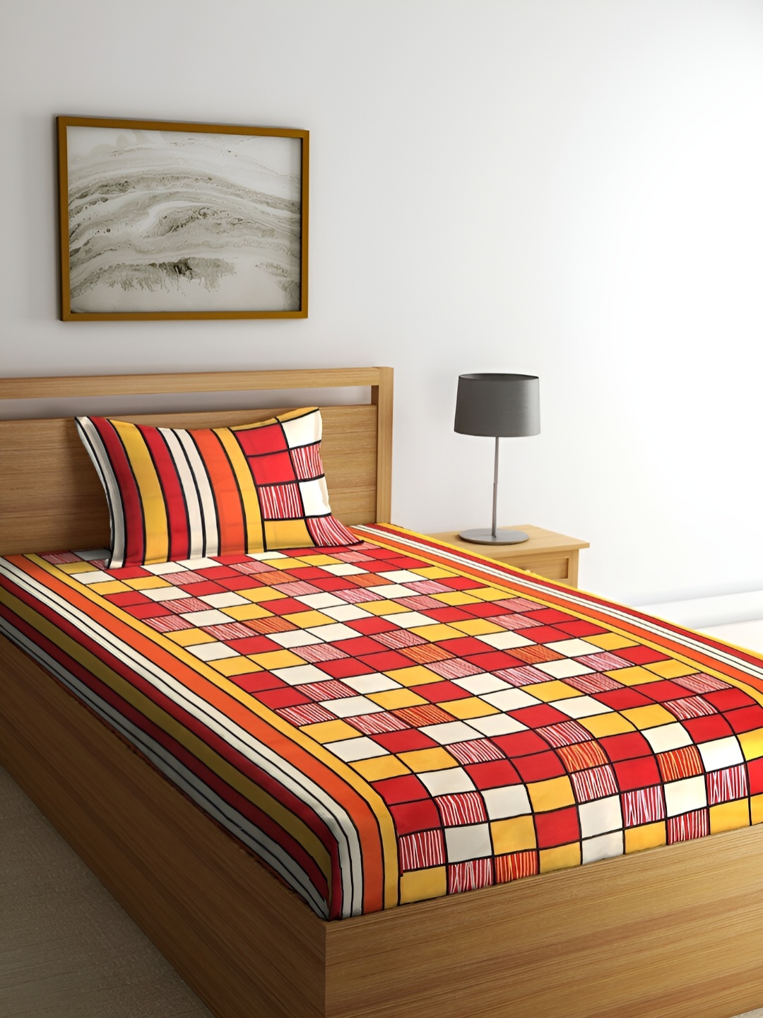 

ERIC LONDON Red & Yellow Geometric Microfiber 210 TC Single Bedsheet with 1 Pillow Cover