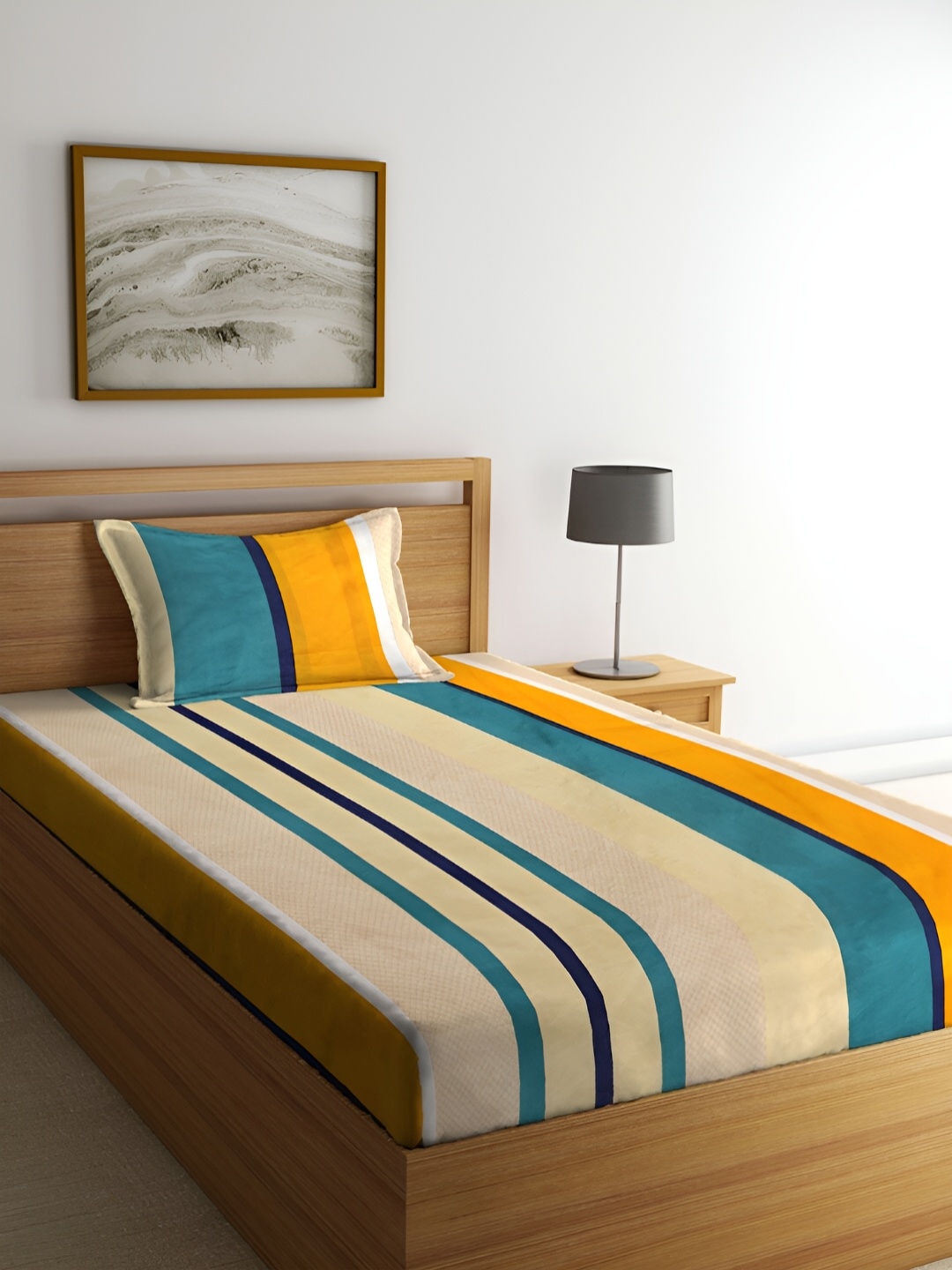 

ERIC LONDON Beige & Yellow Striped Microfiber 210 TC Single Bedsheet with 1 Pillow Cover