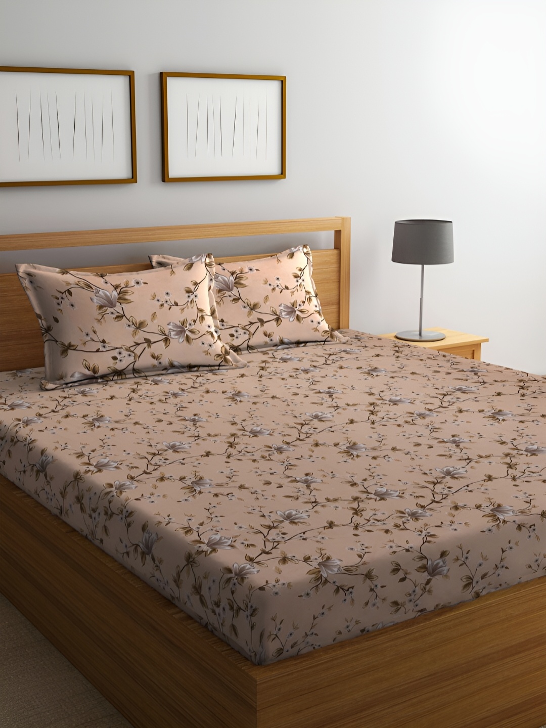 

ERIC LONDON Beige Floral Printed Microfiber 180 TC Queen Bedsheet With 2 Pillow Covers