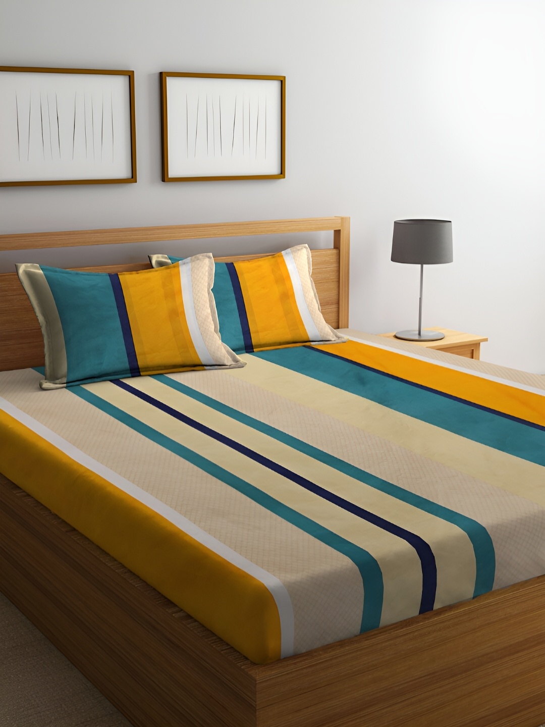 

ERIC LONDON Yellow & Teal Striped Microfiber 210 TC Queen Bedsheet With 2 Pillow Covers