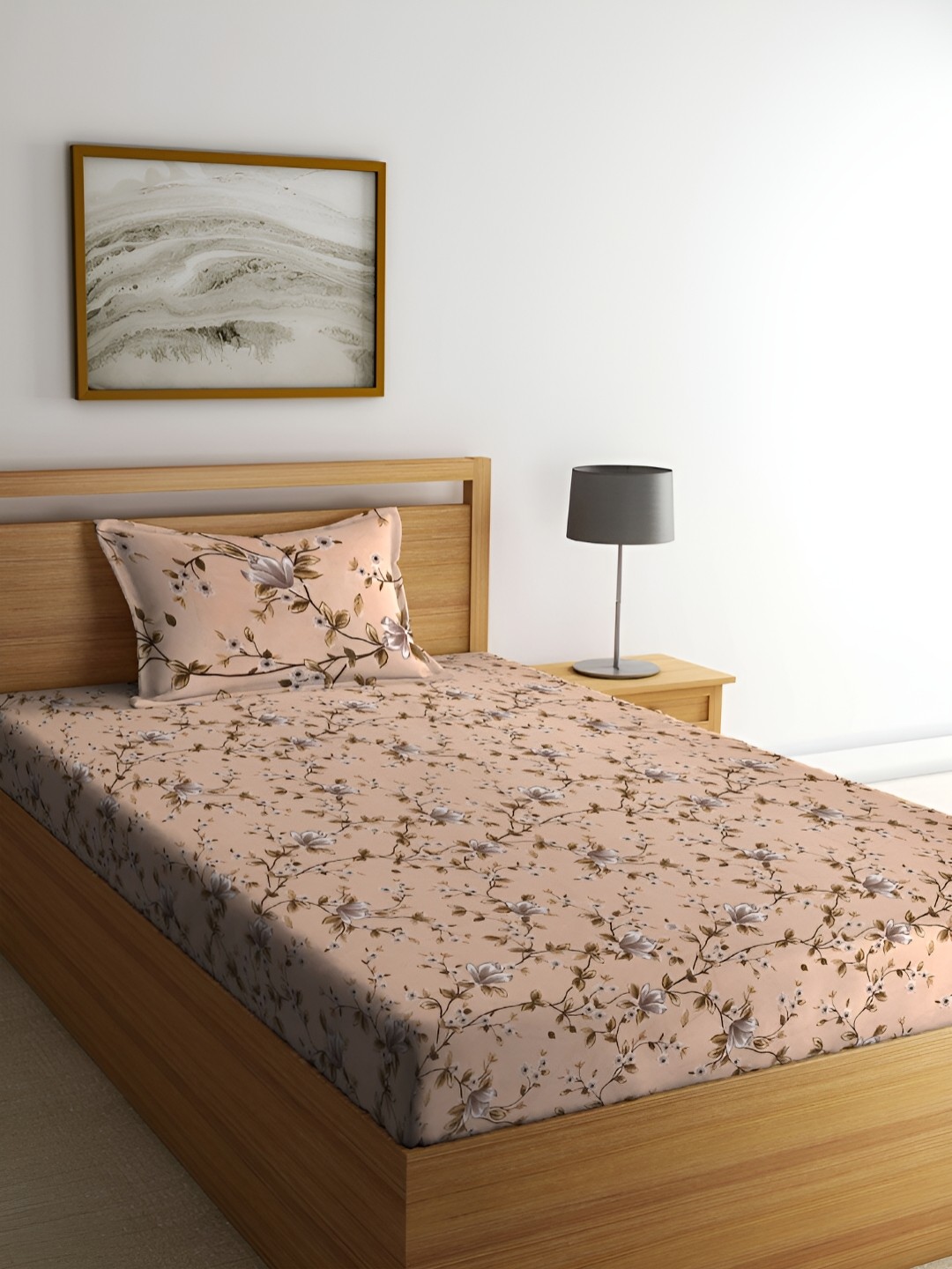 

ERIC LONDON Beige Floral Microfiber 180 TC Single Bedsheet with 1 Pillow Cover