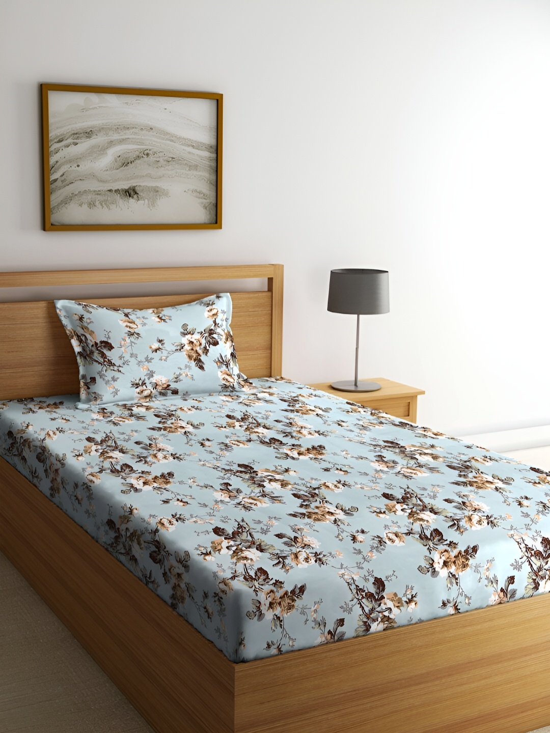 

ERIC LONDON Blue Floral Printed Microfiber 180 TC Single Bedsheet With 1 Pillow Covers