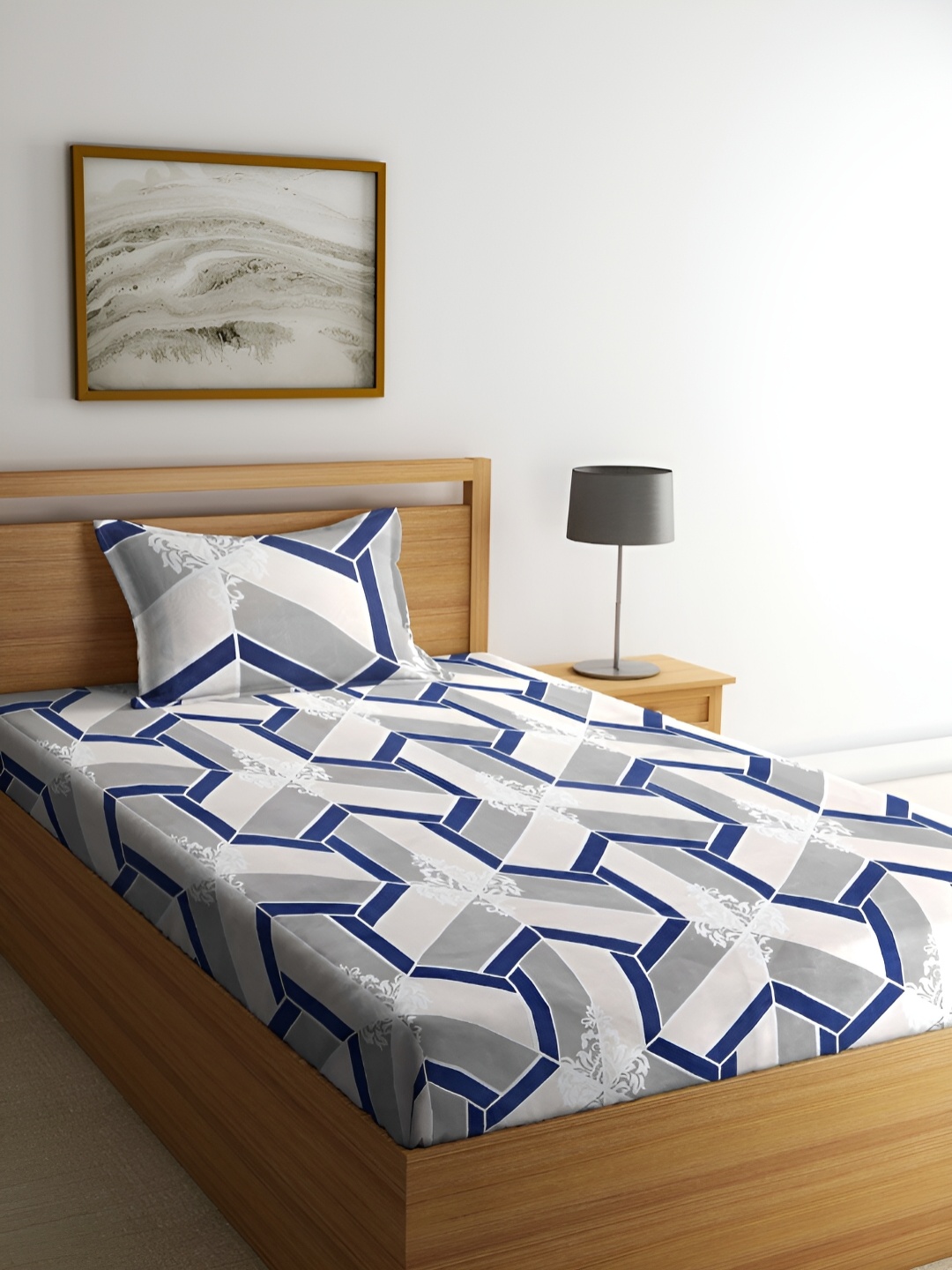 

ERIC LONDON Grey & Blue Geometric Microfiber 210 TC Single Bedsheet with 1 Pillow Cover