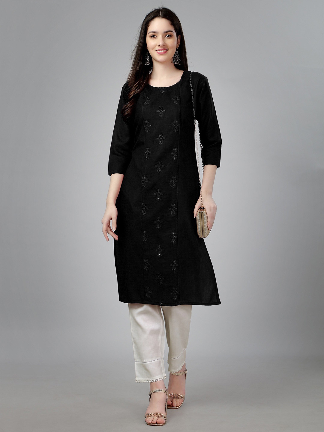 

ARADHNA Floral Embroidered Cotton Straight Kurta, Black