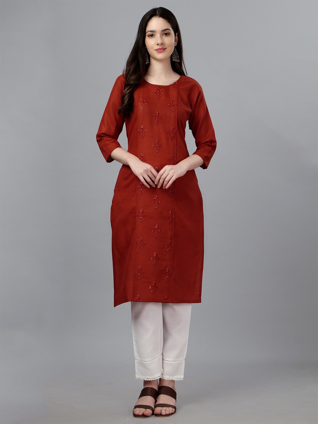 

ARADHNA Embroidered Beads and Stones Straight Kurtas, Red