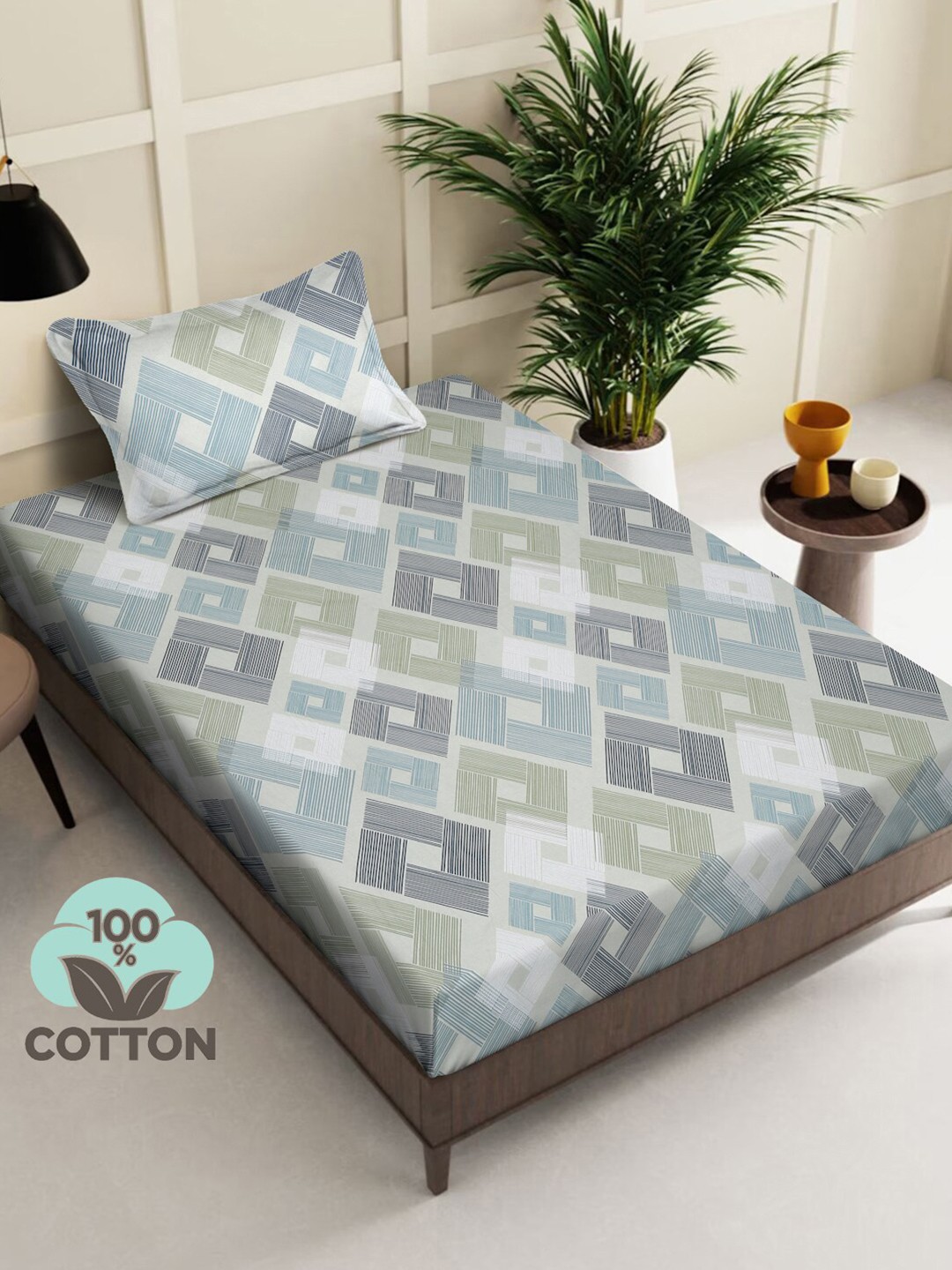 

KLOTTHE Blue & Off White Geometric Pure Cotton 400 TC Single Bedsheet With 1 Pillow Cover
