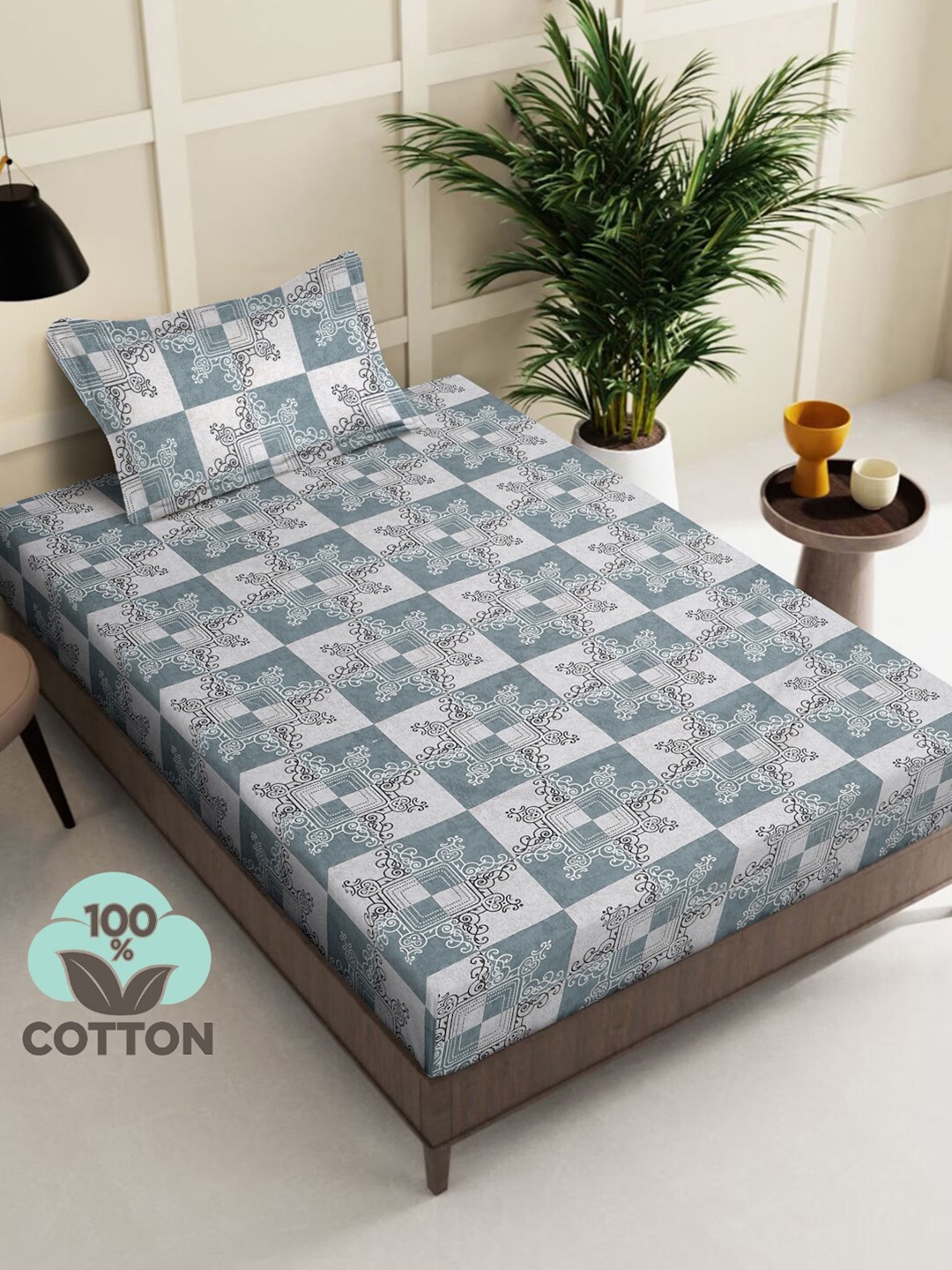 

KLOTTHE Blue & Grey Floral Pure Cotton 400 TC Cotton Single Bedsheet & 1 Pillow Cover