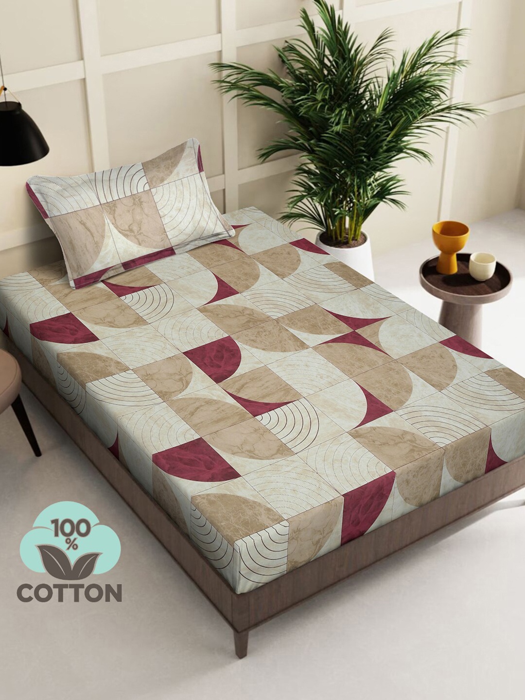 

KLOTTHE Cream Coloured Geometric Cotton 400 TC Single Bedsheet With 1 Pillow Cover