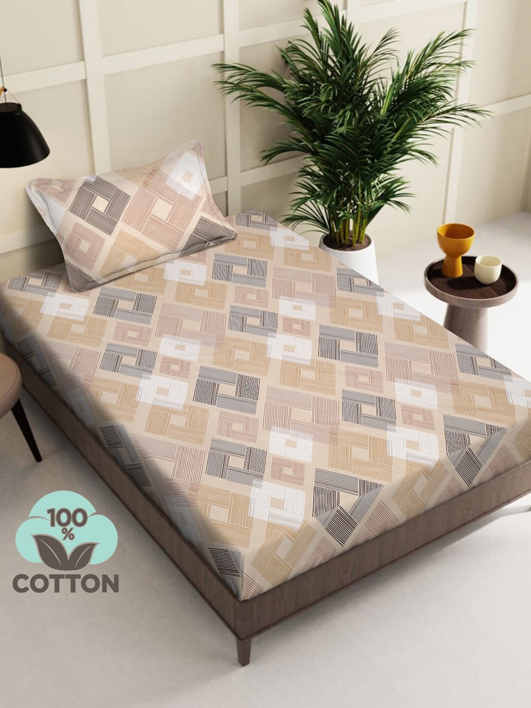 

KLOTTHE Brown & Grey Geometric Pure Cotton 400 TC Cotton Single Bedsheet & 1 Pillow Cover