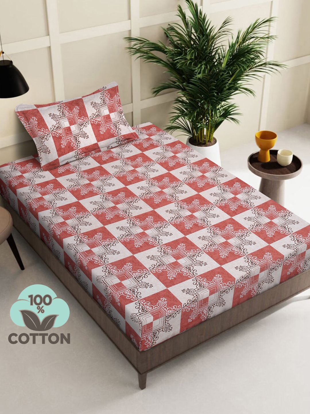 

KLOTTHE Maroon & White Floral Pure Cotton 400 TC Cotton Single Bedsheet & 1 Pillow Cover