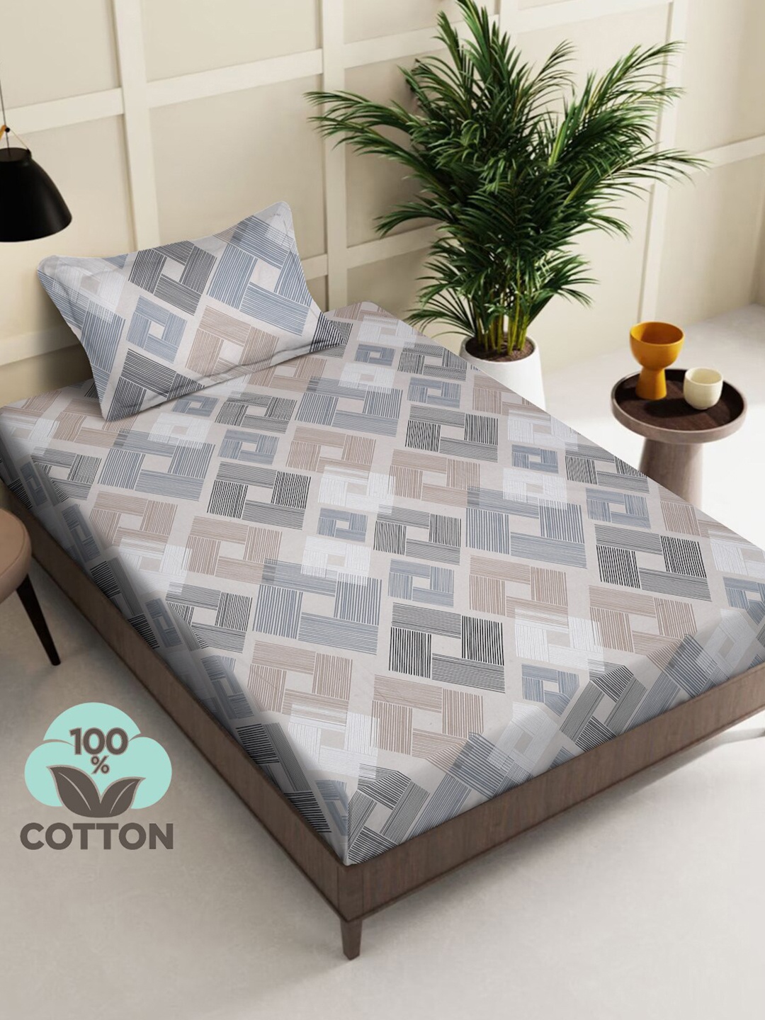 KLOTTHE Grey & Brown Geometric Cotton 400 TC Single Bedsheet With 1 Pillow Cover