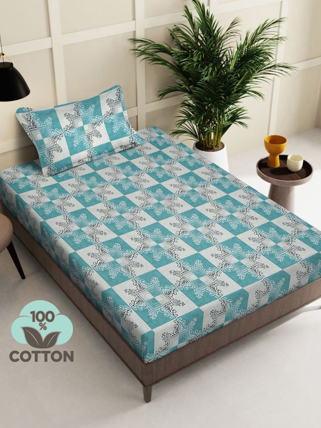 

KLOTTHE Turquoise Blue Ethnic Motifs Cotton 400 TC Single Bedsheet With 1 Pillow Cover