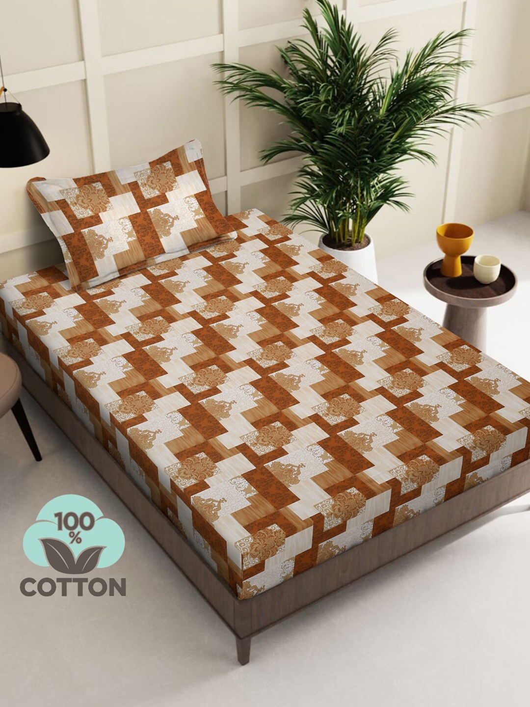 

KLOTTHE Brown & Beige Geometric Cotton 400 TC Single Bedsheet With 1 Pillow Cover
