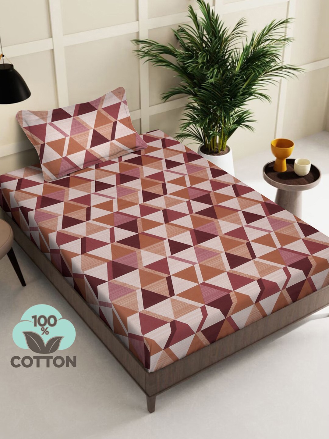 

KLOTTHE Brown & Pink Printed Pure Cotton Single Bedsheet With Pillow Cover