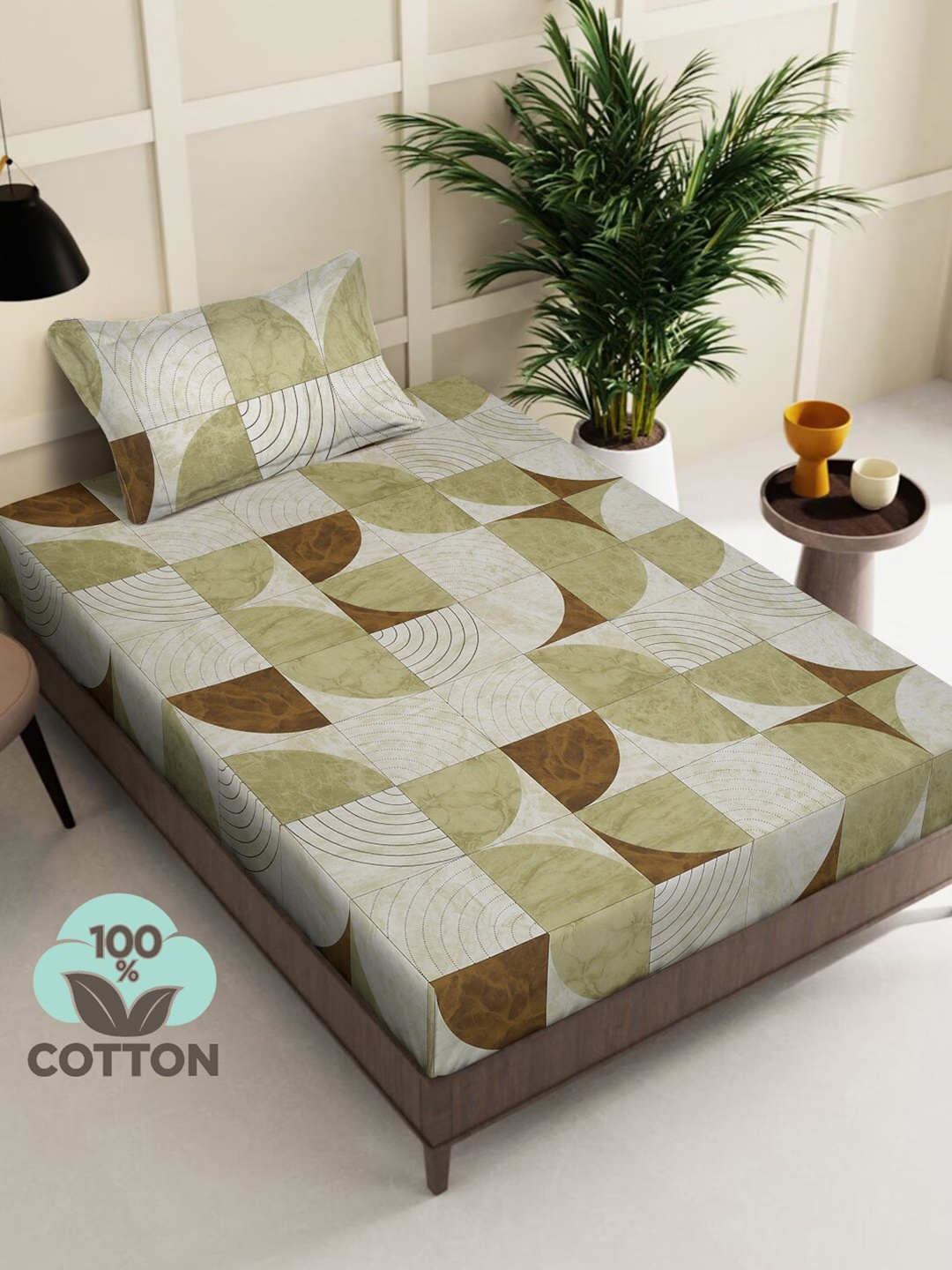 

KLOTTHE Green & Brown Geometric Cotton 400 TC Single Bedsheet With 1 Pillow Cover