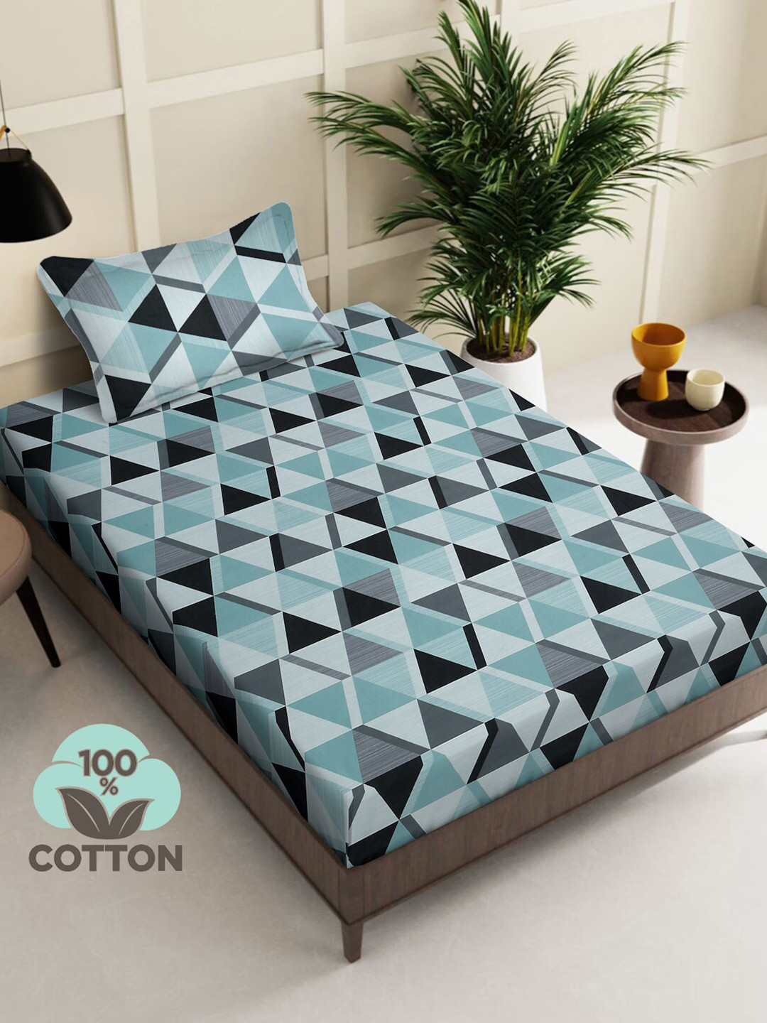 

KLOTTHE Blue & Grey Geometric Cotton 400 TC Single Bedsheet With 1 Pillow Cover
