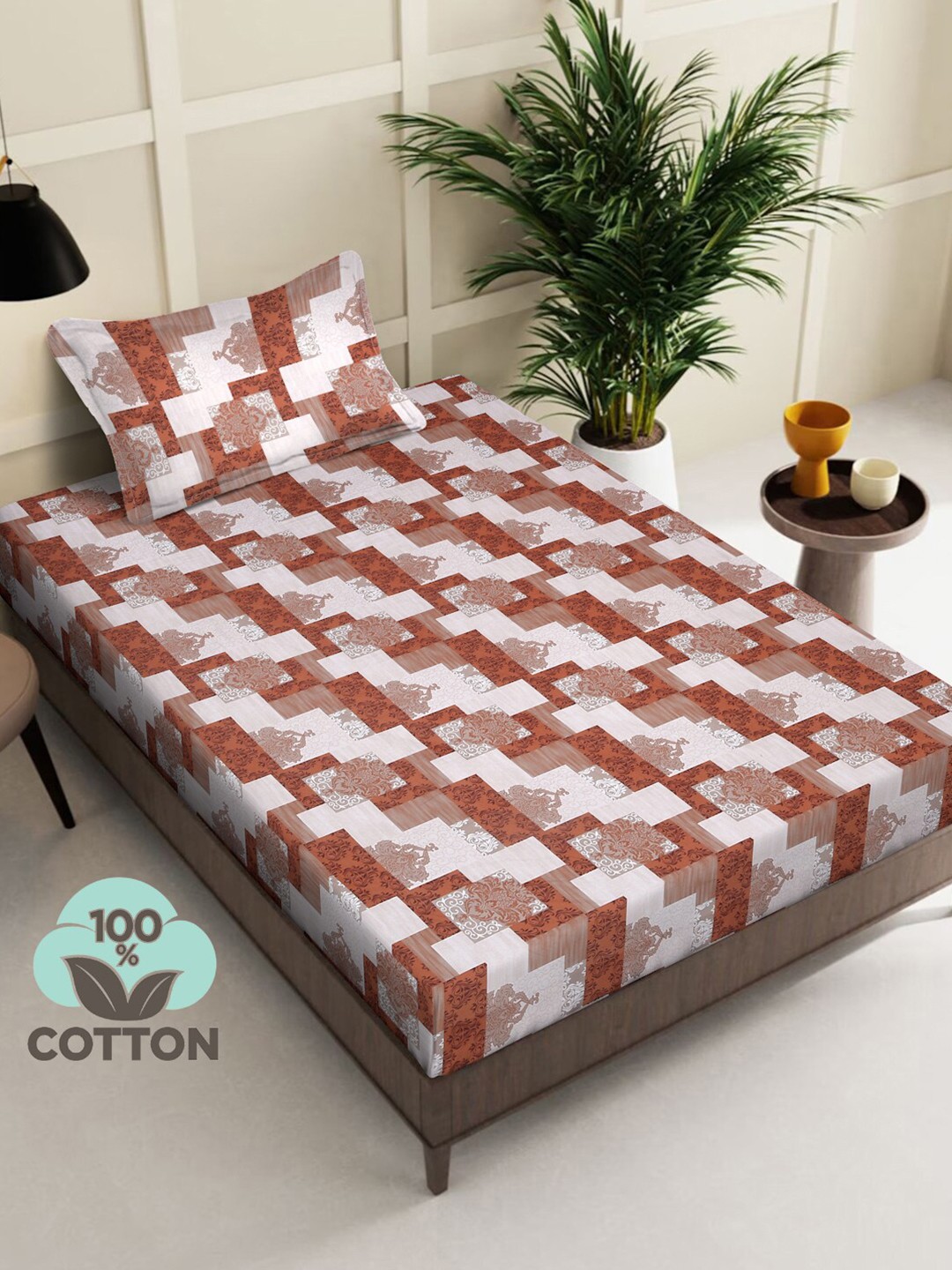 

KLOTTHE Orange Geometric Pure Cotton 400 TC Cotton Single Bedsheet & 1 Pillow Cover