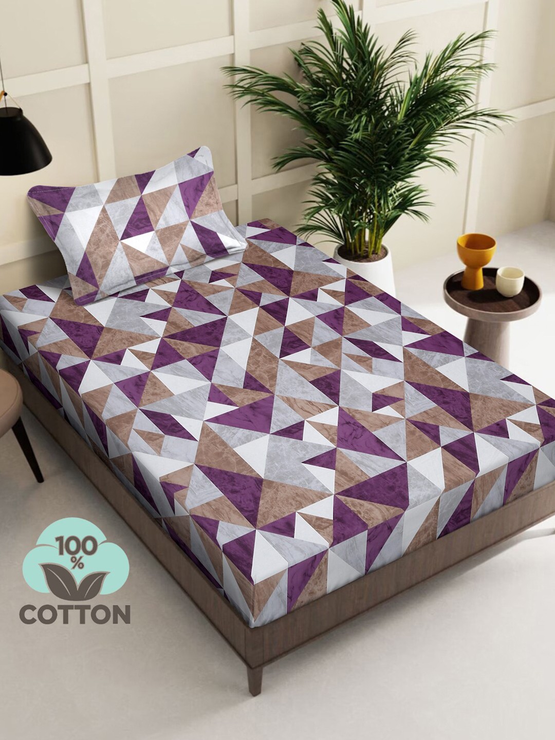 

KLOTTHE Purple & Grey Geometric Pure Cotton 400 TC Cotton Single Bedsheet & 1 Pillow Cover