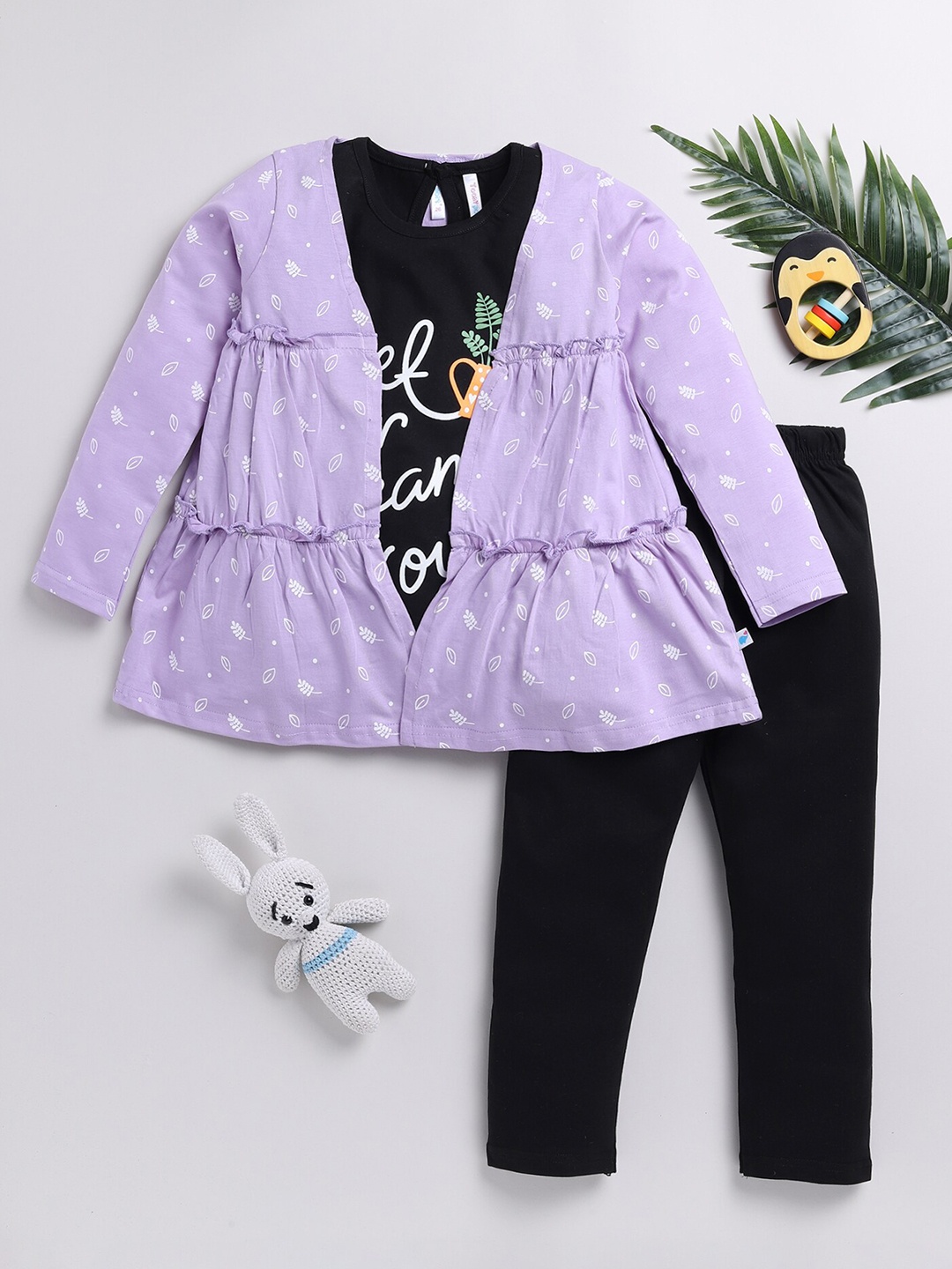 

Toonyport Girls Printed Pure Cotton Top And Trousers With Jacket, Purple