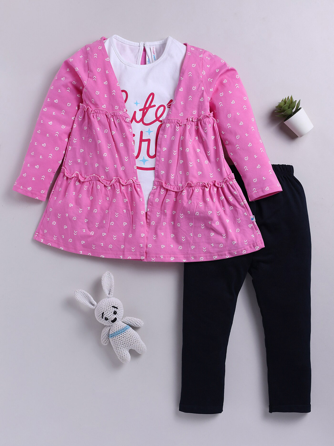 

Toonyport Girls Printed Pure Cotton Top And Trousers With Jacket, Pink
