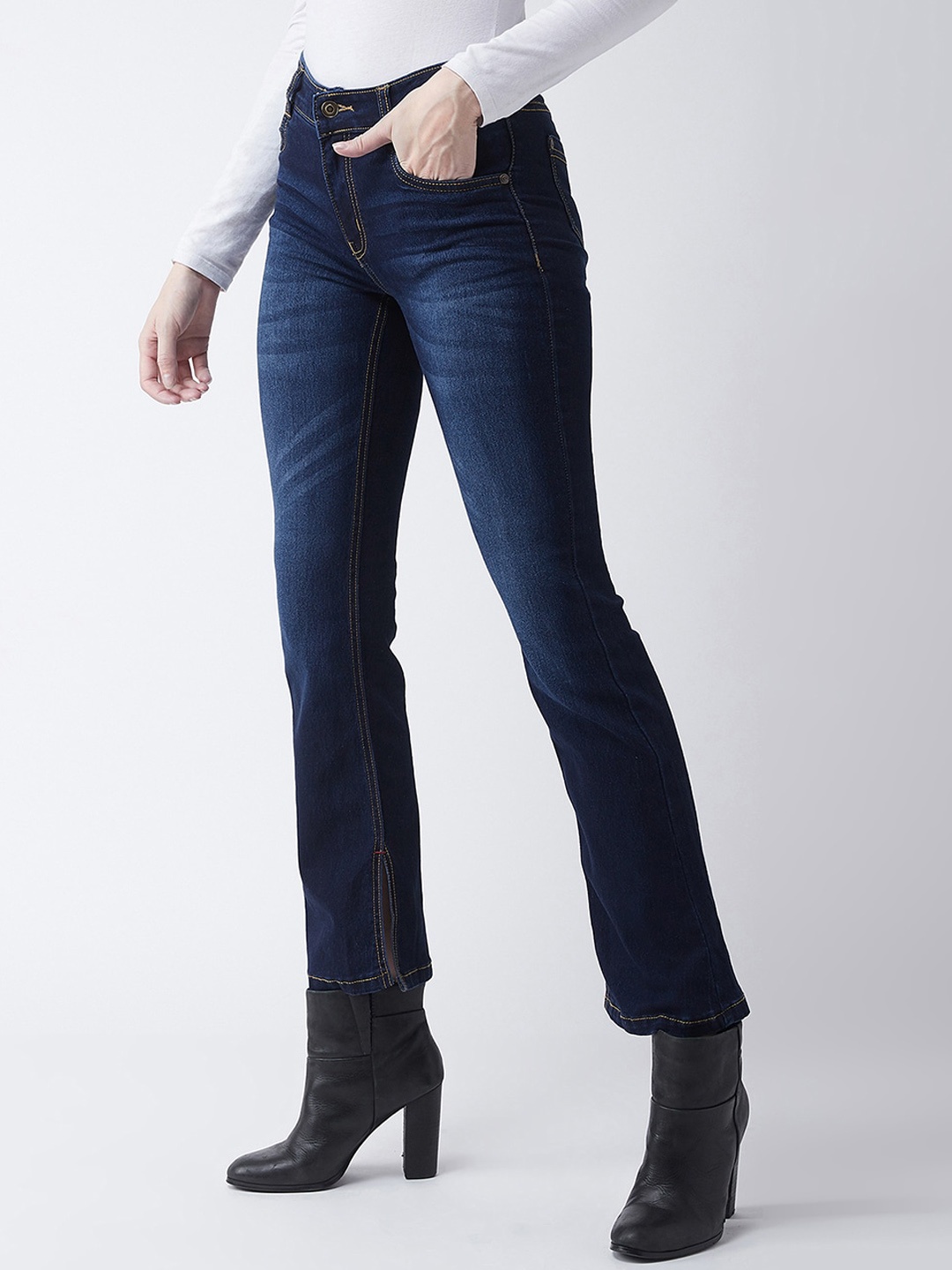 

DressBerry Women Navy Blue Bootcut Mid-Rise Dark Shade Clean Look Stretchable Jeans