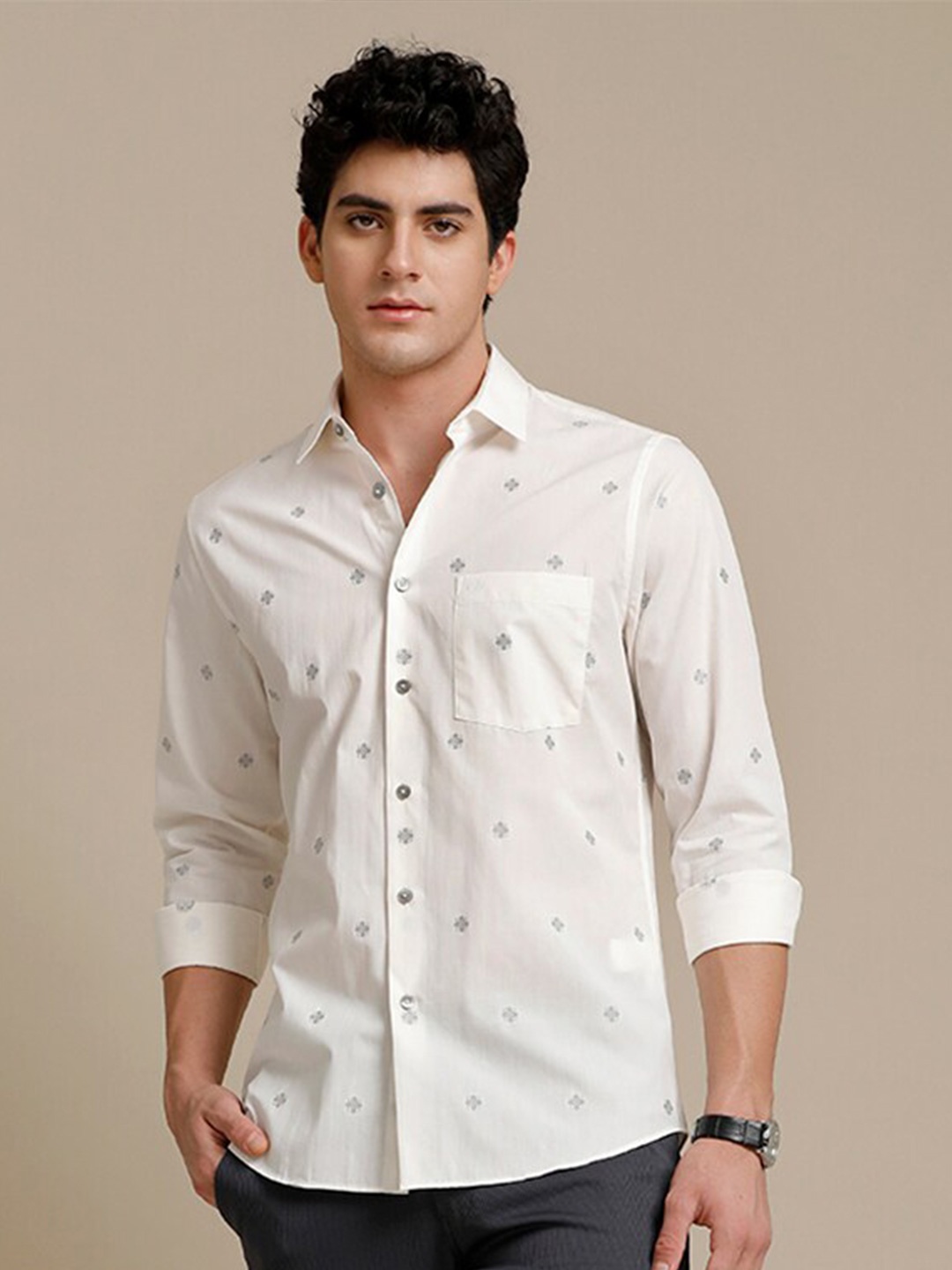 

Aldeno India Slim Fit Floral Printed Formal Pure Cotton Shirt, White