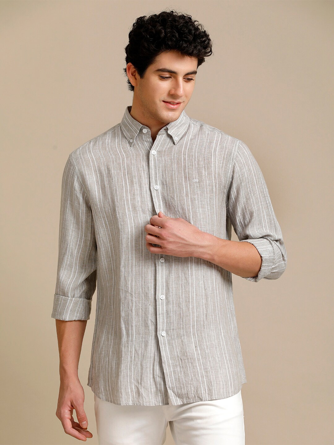 

Aldeno Vertical Striped Comfort Pure Linen Casual Shirt, Grey
