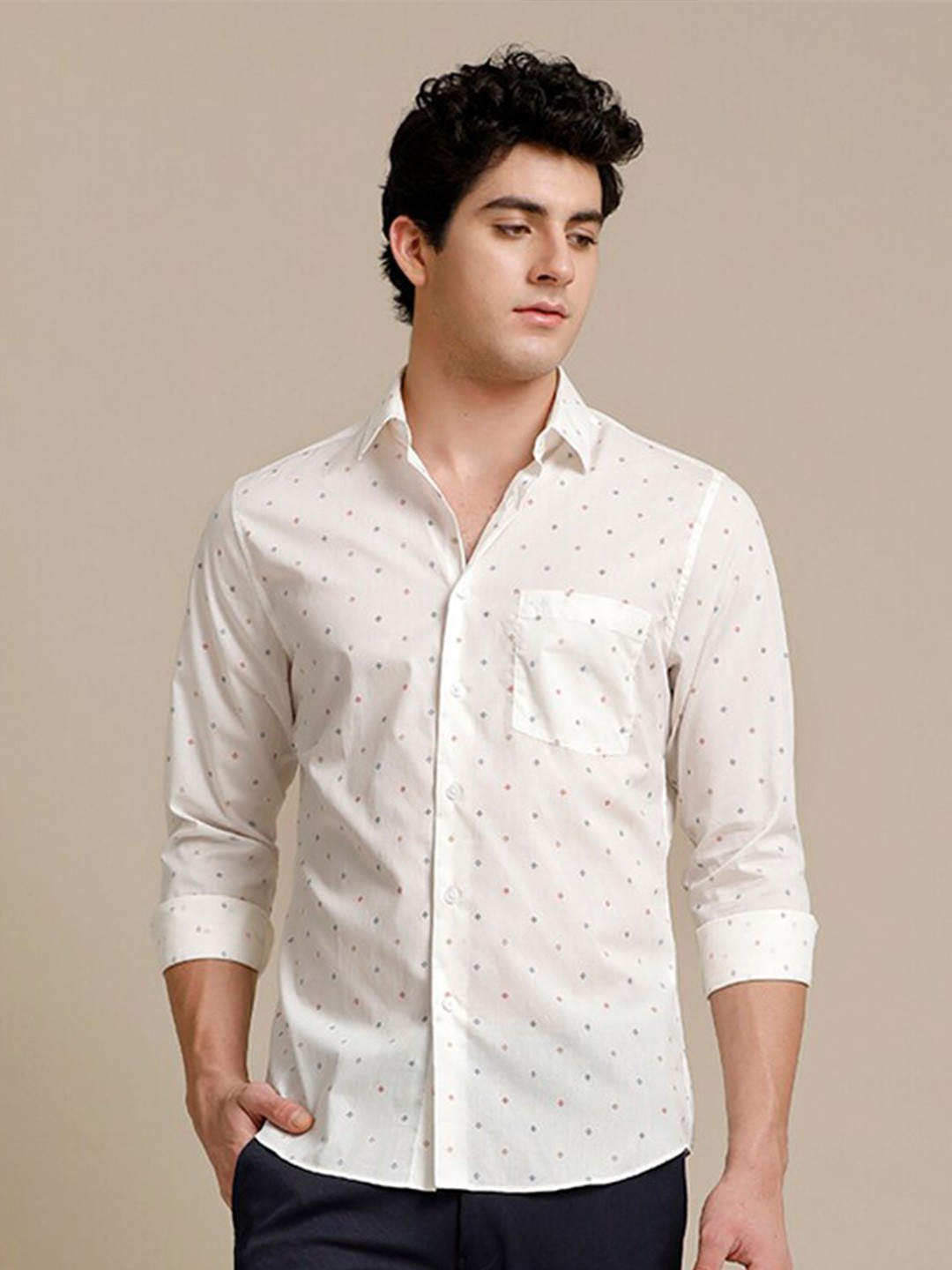 

Aldeno Comfort Micro Ditsy Printed Pure Cotton Casual Shirt, White