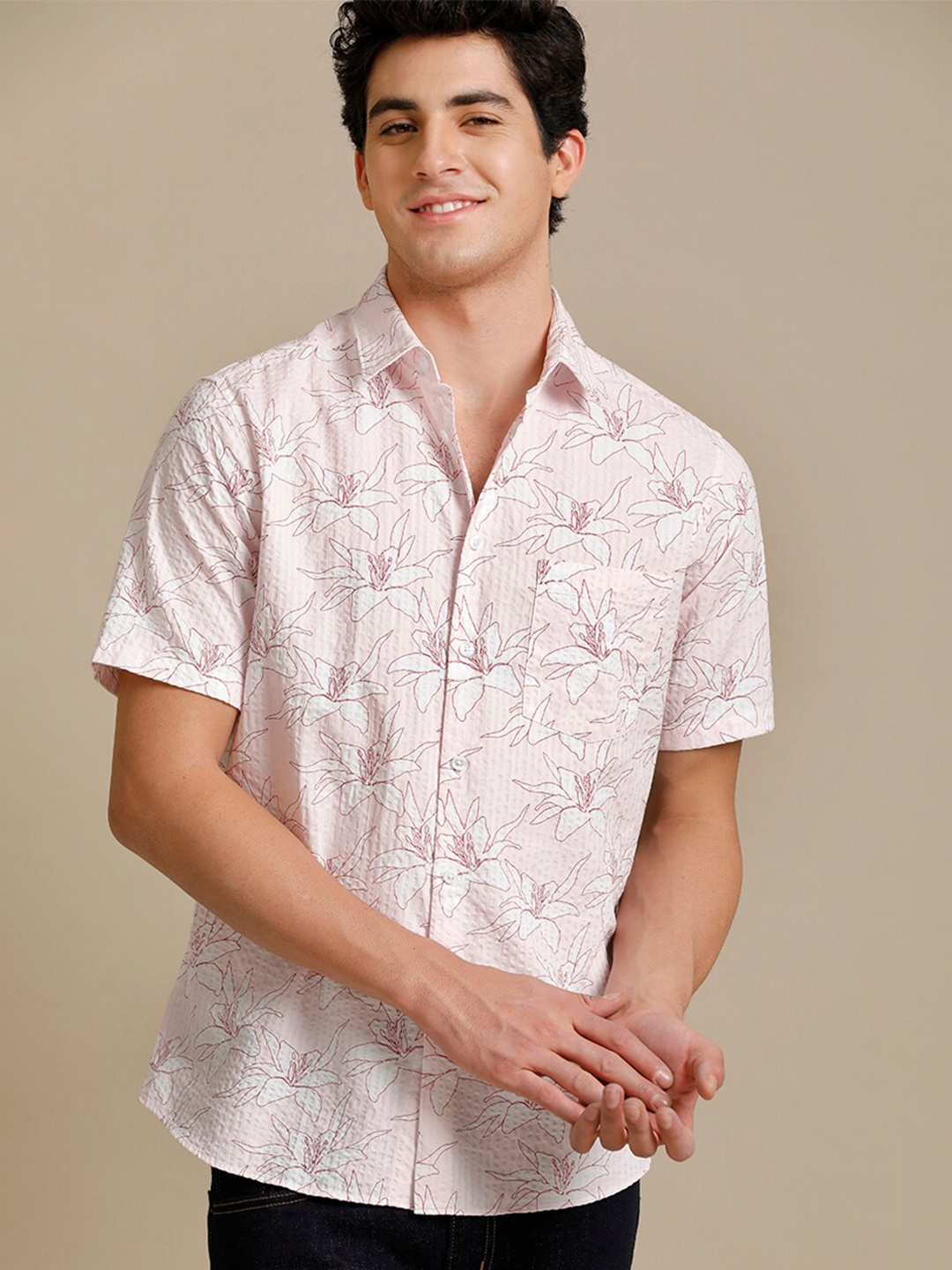 

Aldeno Comfort Floral Printed Seersucker Cotton Casual Shirt, Pink