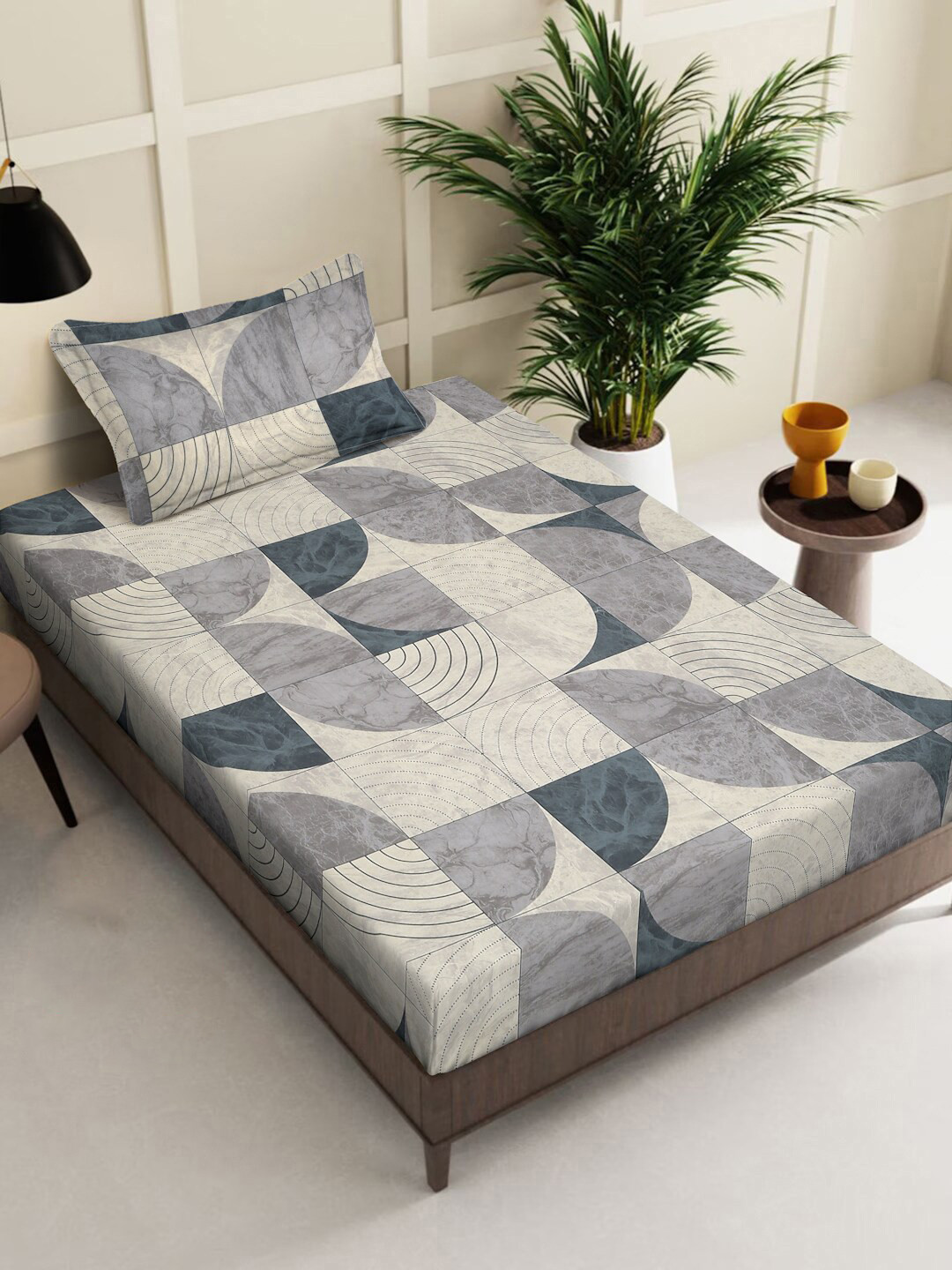 

KLOTTHE Grey Printed Pure Cotton 400 TC Single Bedsheet With 1 Pillow Cover, Beige