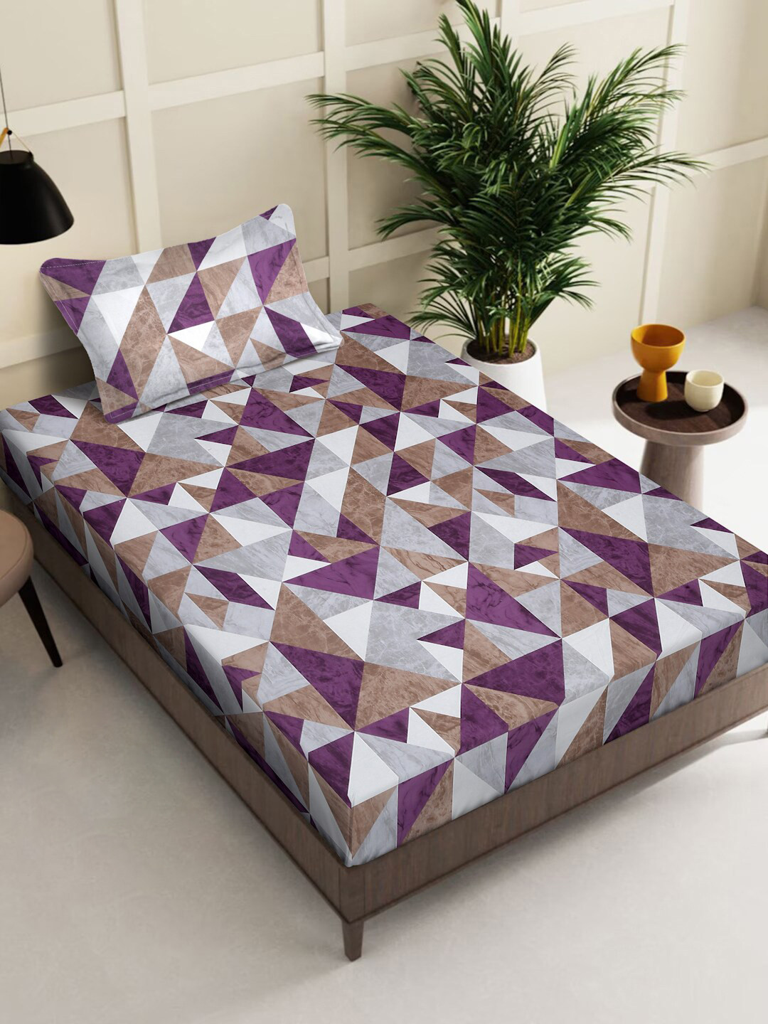 

KLOTTHE Purple Geometric Pure Cotton 400 TC Single Fitted Bedsheet With 1 Pillow Cover