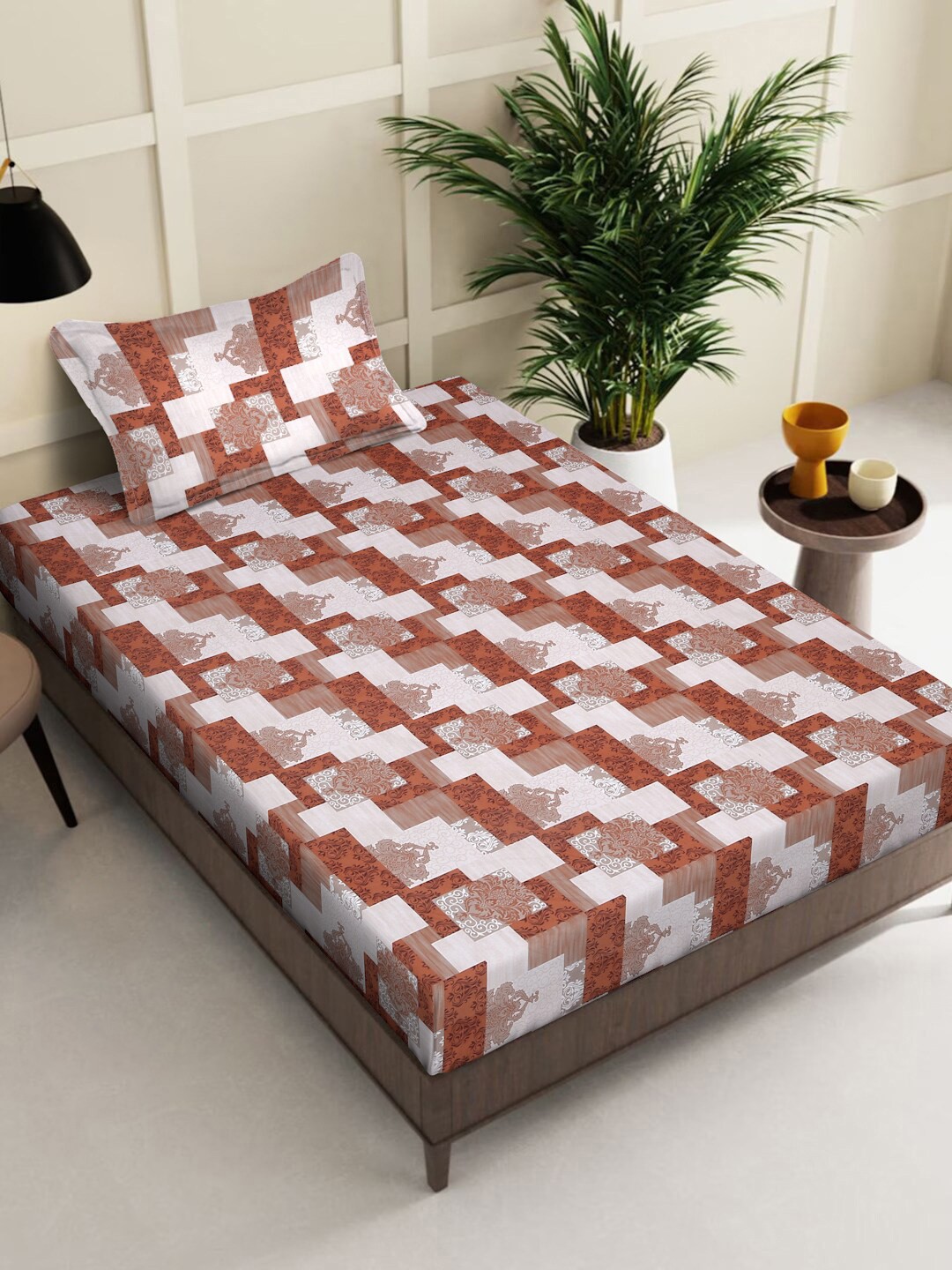 

KLOTTHE Orange & White Ethnic Motifs Cotton 400 TC Fitted Single Bedsheet & 1 Pillow Cover, Brown