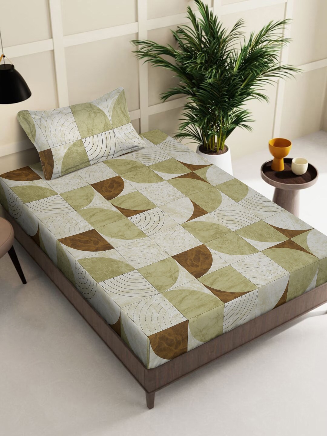 

KLOTTHE Green & Brown Geometric Cotton 400 TC Fitted Single Bedsheet With 1 Pillow Cover
