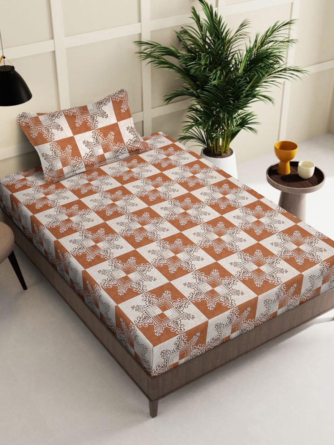 

KLOTTHE Brown Floral Pure Cotton 400 TC Cotton Fitted Single Bedsheet & 1 Pillow Cover