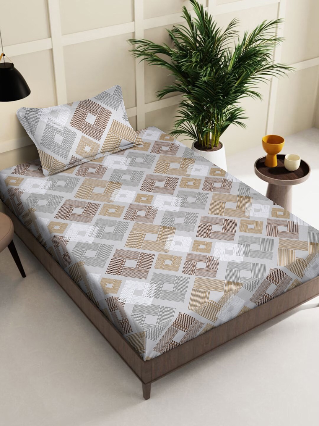 

KLOTTHE Grey & Beige Pure Cotton 400 TC Single Fitted Bedsheet With 1 Pillow Cover