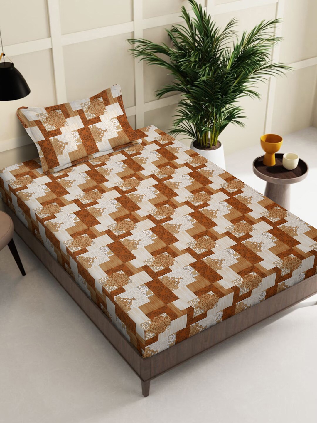 

KLOTTHE Brown Geometric Pure Cotton 400 TC Fitted Single Bedsheet With Pillow Cover