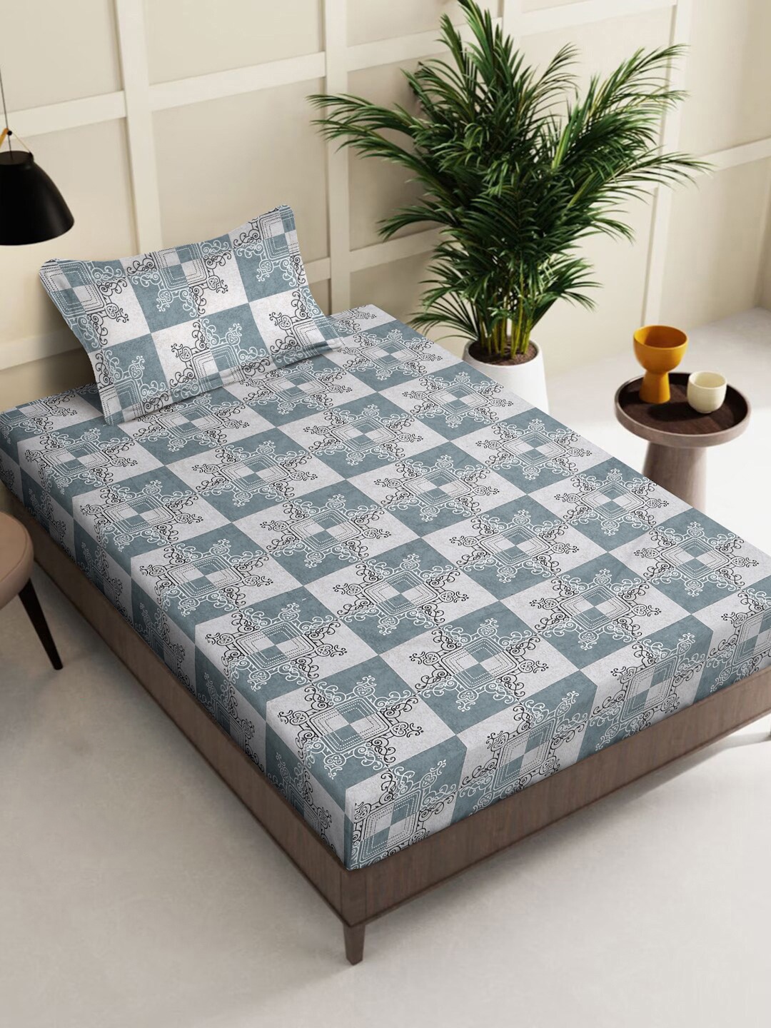 

KLOTTHE Grey Printed Pure Cotton 400 TC Fitted Single Bedsheet With 1 Pillow Cover