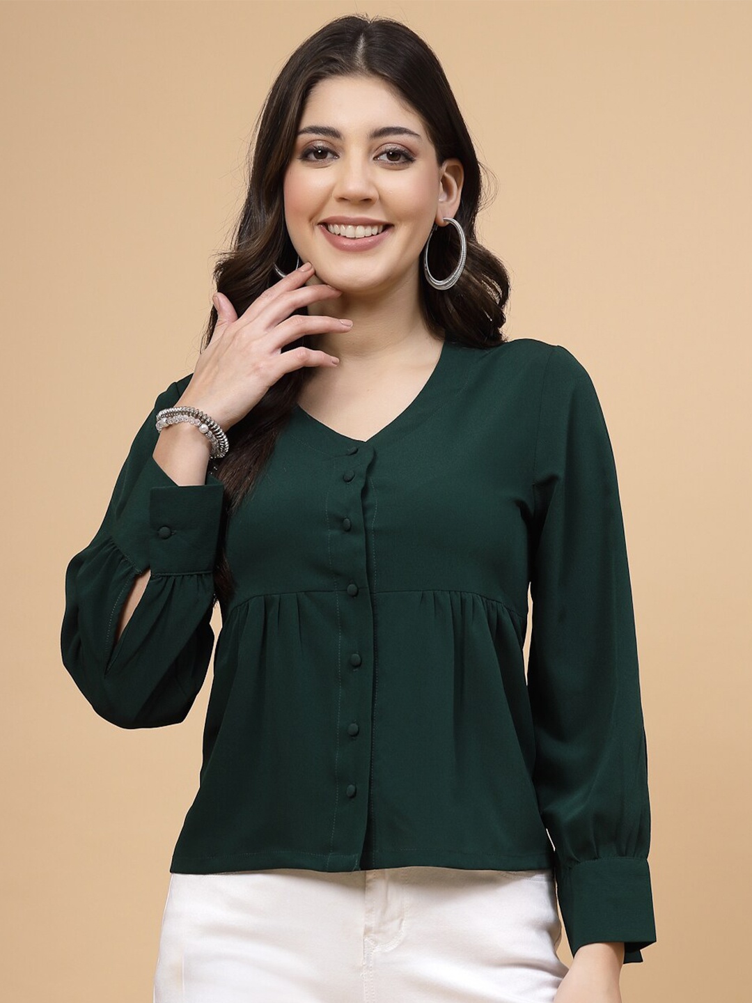 

RAASSIO Cuffed Sleeves Pleated Shirt Style Crepe Top, Green