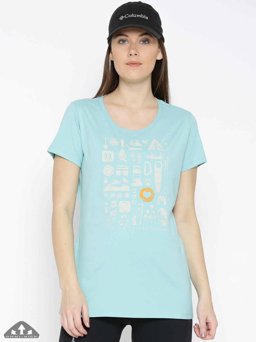 

Columbia Women Blue Printed Camp Stamp Performance Hiking T-shirt