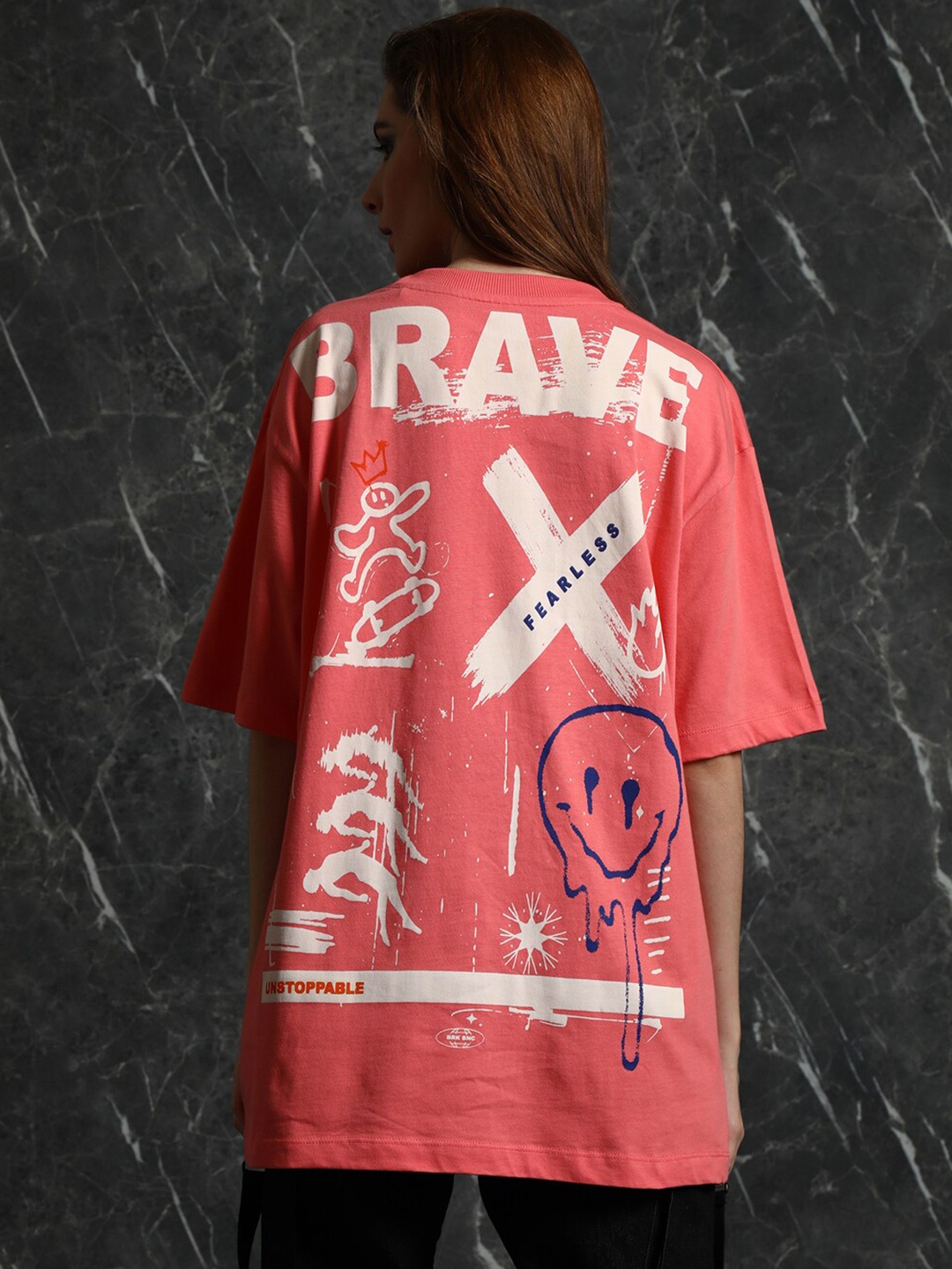 

Breakbounce Coral-Coloured Typography Printed Cotton Oversized T-shirt