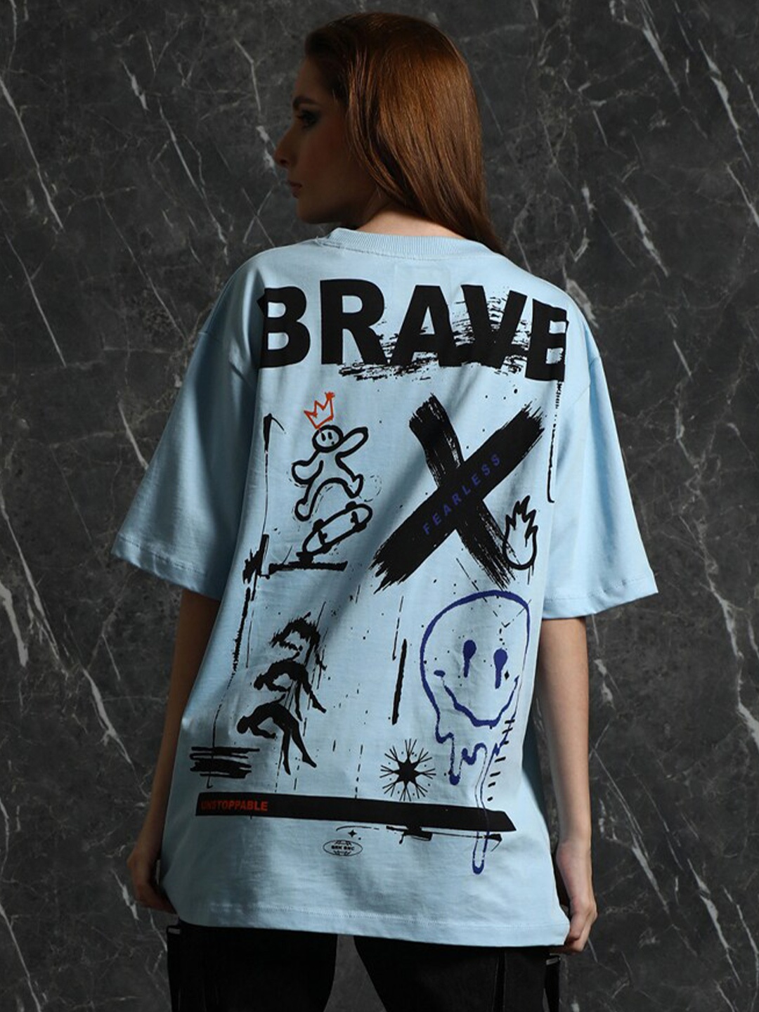 

Breakbounce Blue Typography Printed Drop-Shoulder Sleeves Cotton Oversized T-shirt