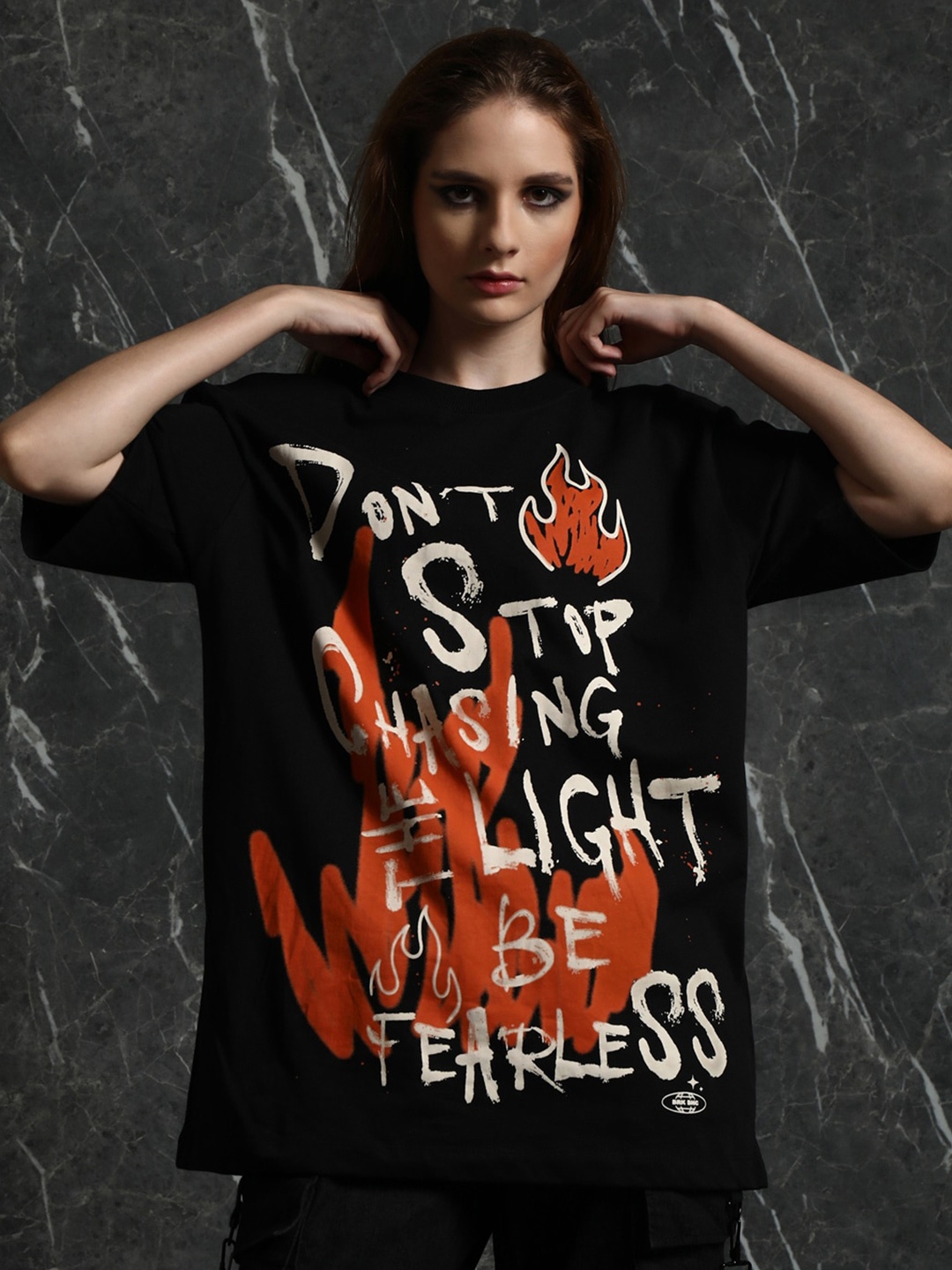

Breakbounce Black Typography Printed Drop-Shoulder Sleeves Cotton Oversized T-shirt