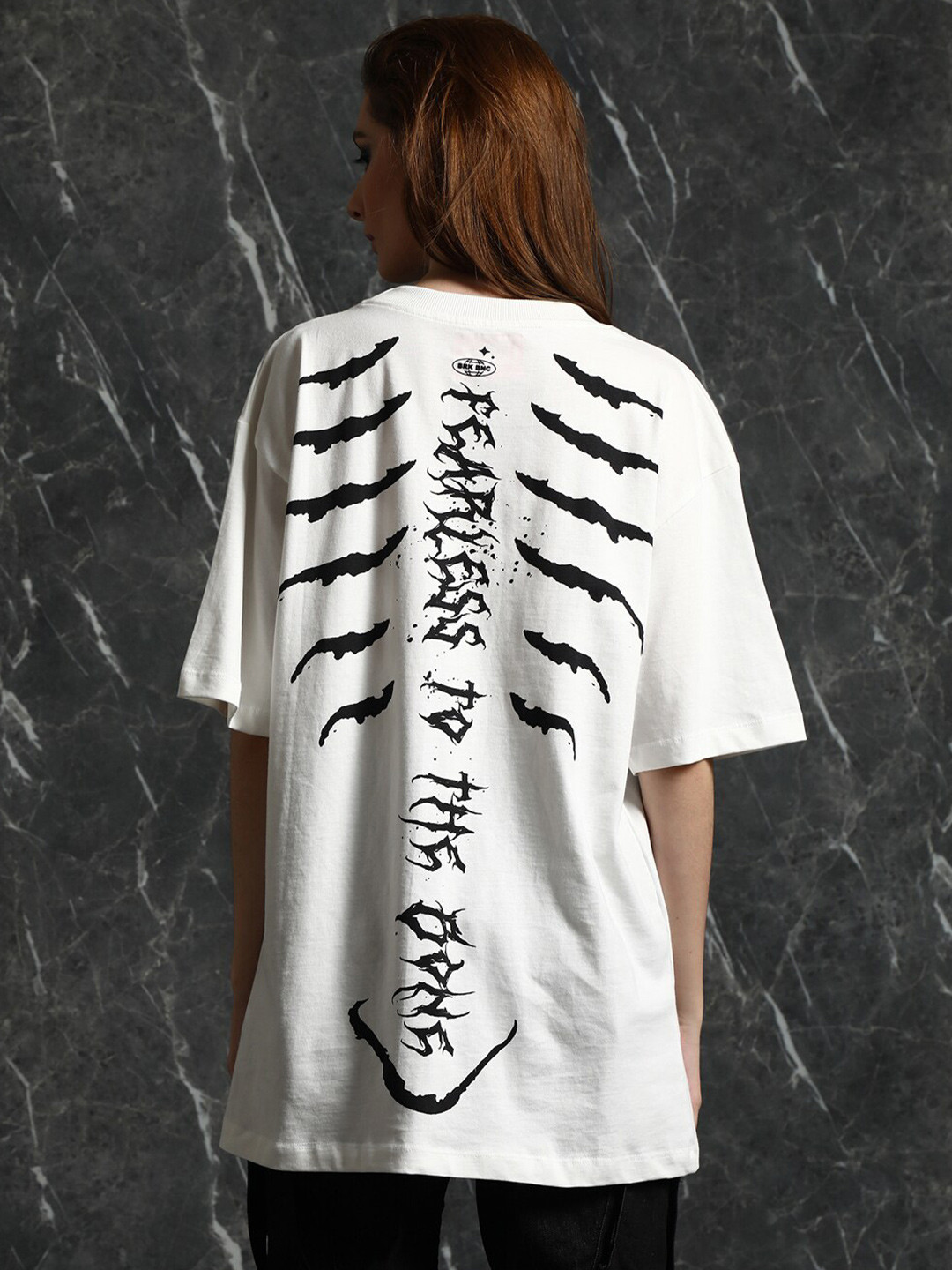 

Breakbounce Typography Printed Drop-Shoulder Sleeves Longline Oversized Cotton T-shirt, White