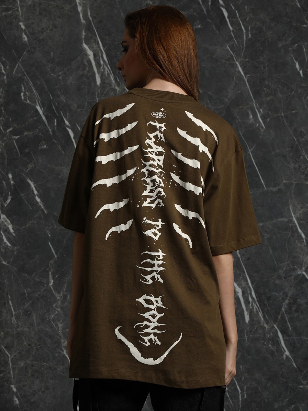 

Breakbounce Typography Printed Drop-Shoulder Sleeves Longline Oversized Cotton T-shirt, Olive