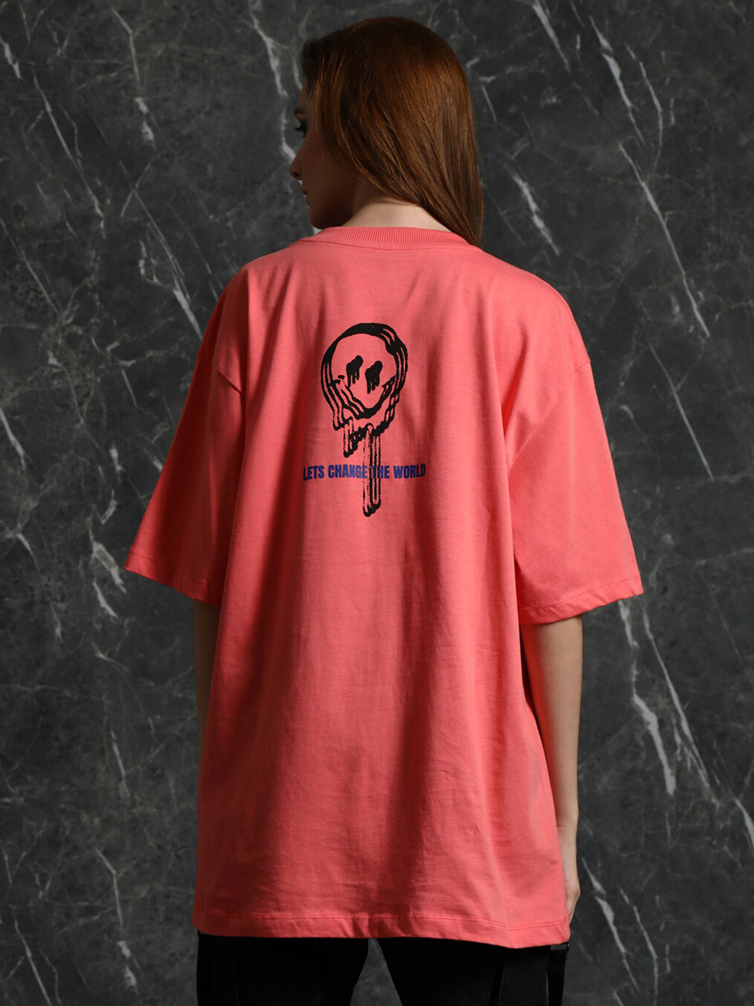 

Breakbounce Coral Pink Abstract Printed Drop-Shoulder Sleeves Oversized Cotton T-shirt
