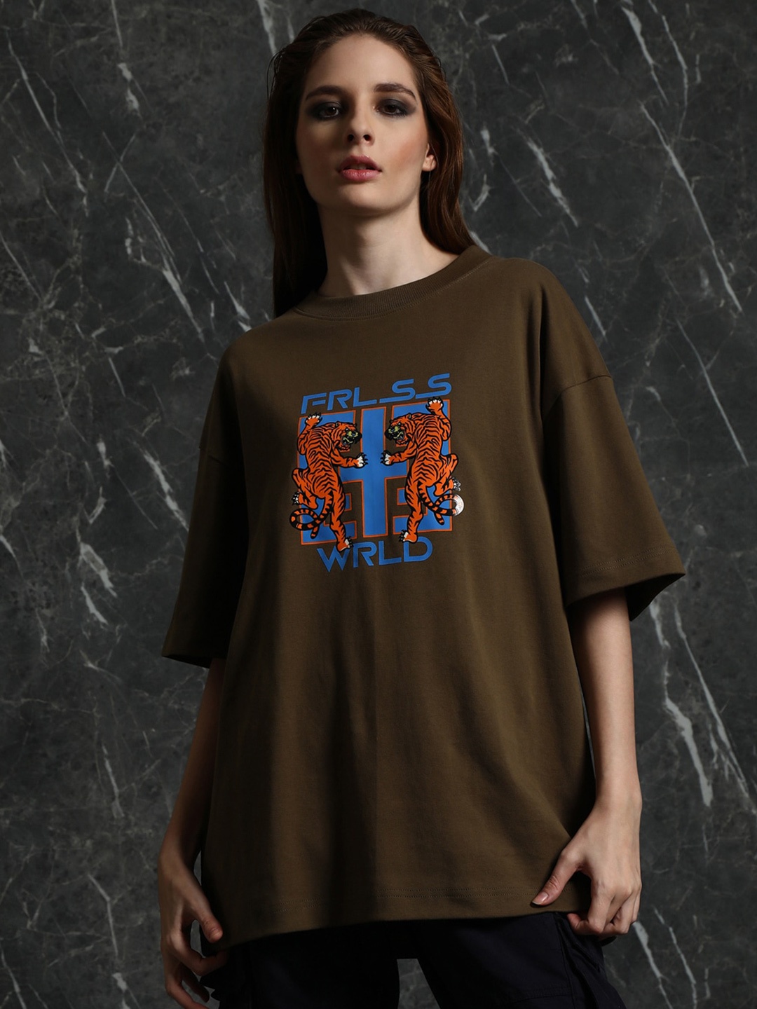 

Breakbounce Graphic Printed Drop-Shoulder Sleeves Longline Oversized Cotton T-shirt, Olive