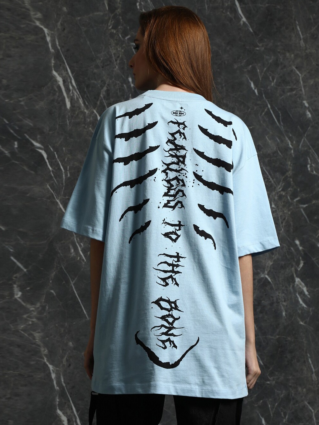 

Breakbounce Blue Abstract Printed Drop-Shoulder Sleeves Oversized Cotton T-shirt