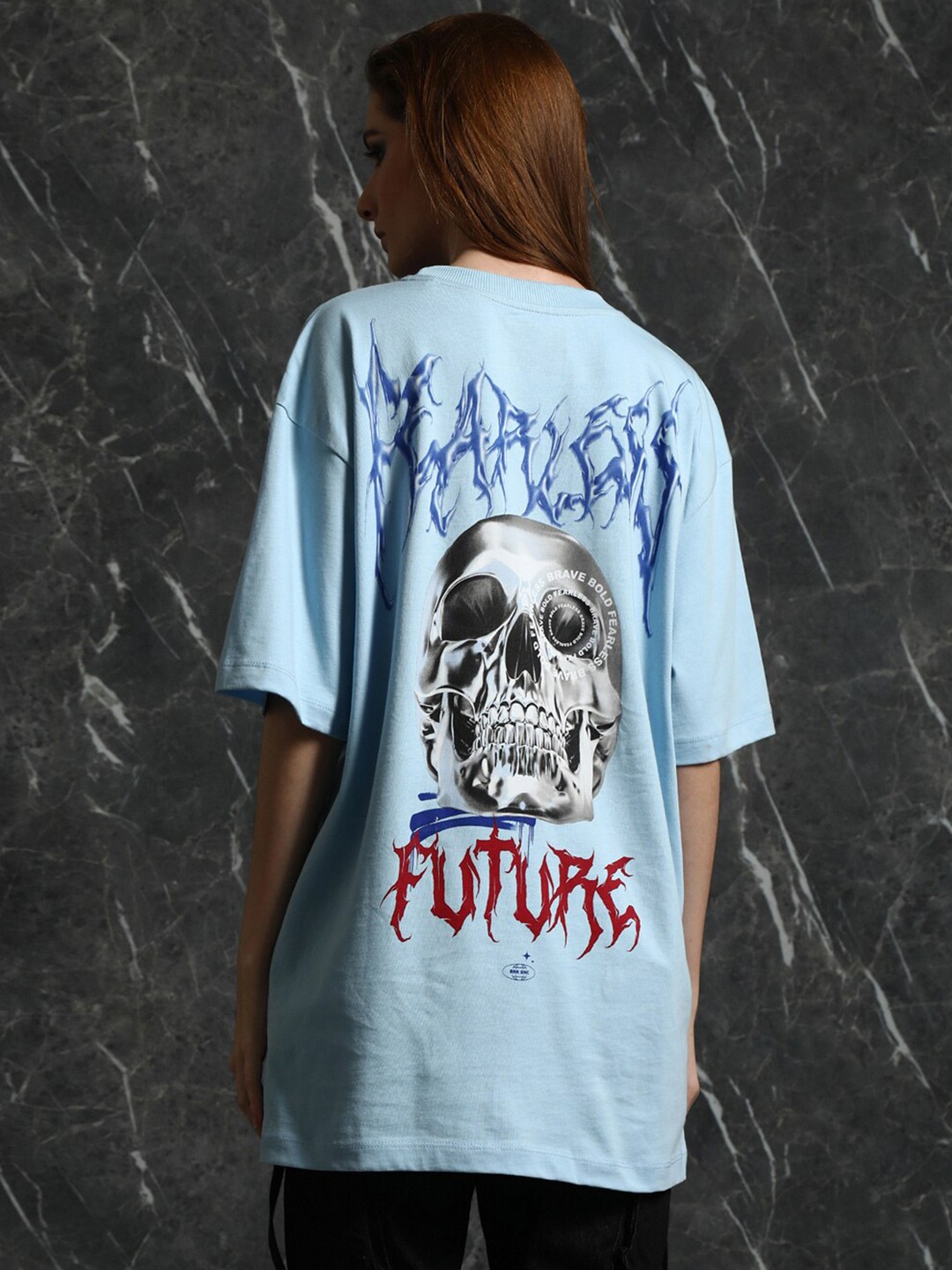 

Breakbounce Graphic Printed Drop-Shoulder Sleeves Longline Oversized Cotton T-shirt, Blue
