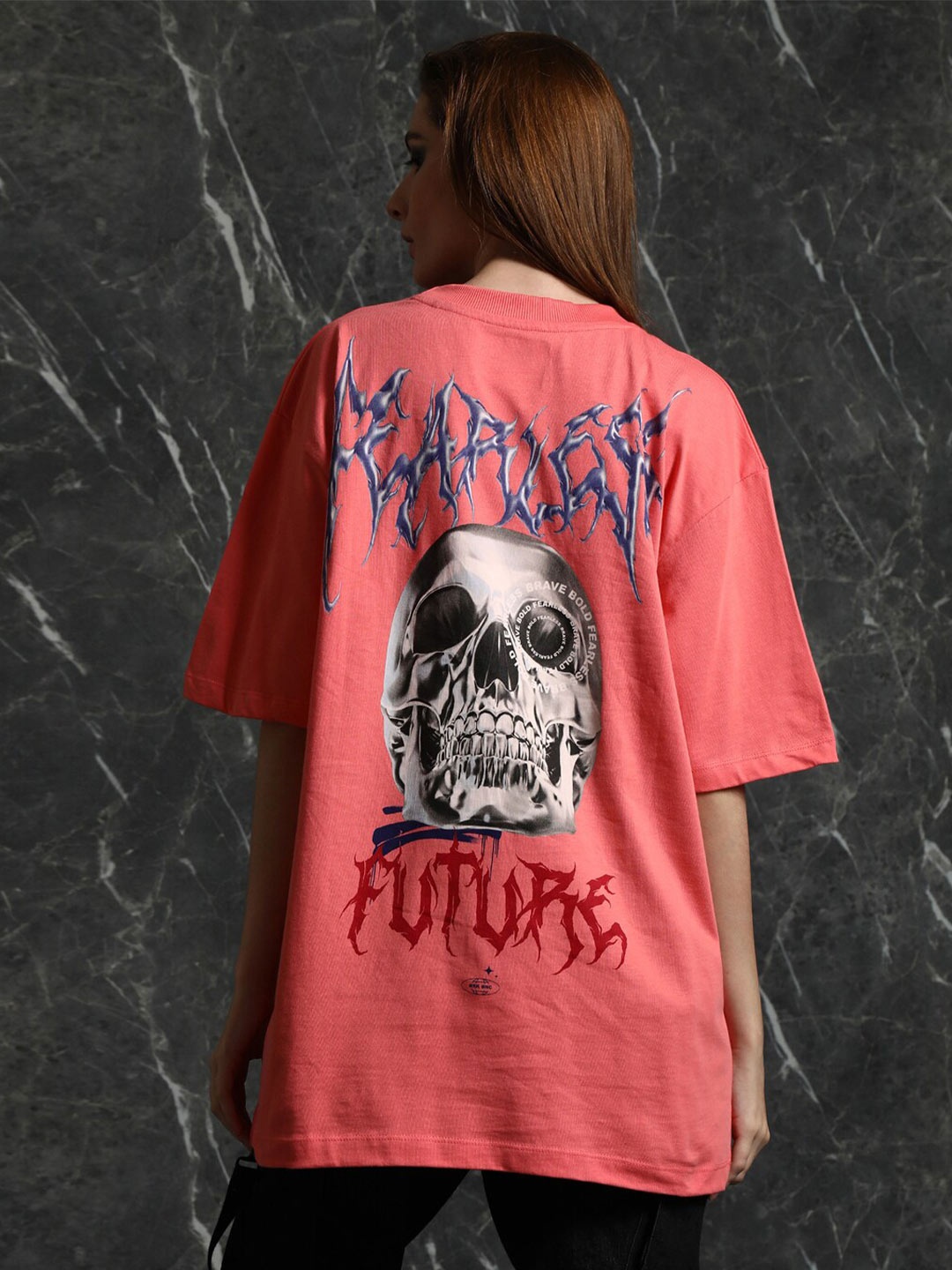 Breakbounce Graphic Printed Drop-Shoulder Sleeves Cotton Oversized T-shirt, Coral