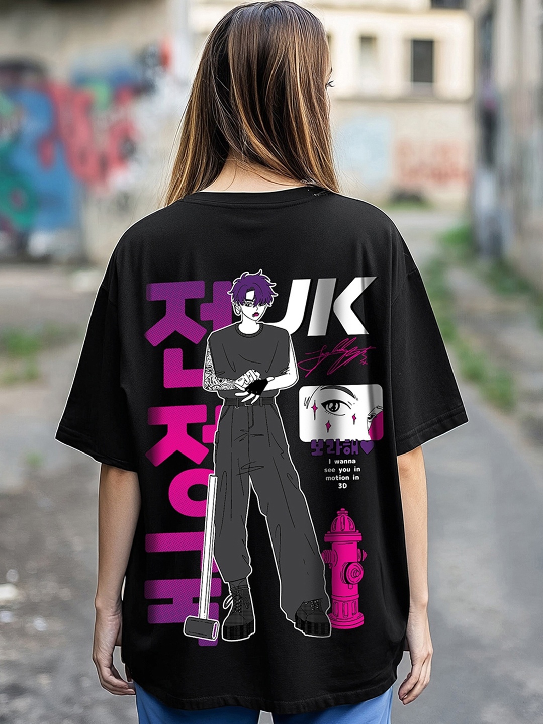 

Bewakoof Black 3D BTS Graphic Printed Drop-Shoulder Sleeves Oversized Cotton T-shirt